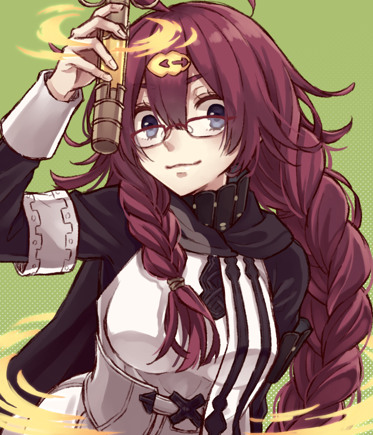 tamakingx422x, character request, commentary request, copyright request, highres, 1girl, armband, black cape, blue eyes, braid, braided sidelock, breasts, cape, closed mouth, double-parted bangs, glasses, hair between eyes, hair ornament, hair tie, holding, large breasts, long braid, long hair, long sleeves, looking at viewer, over-rim eyewear, red-framed eyewear, semi-rimless eyewear, shirt, skirt, smile, solo, upper body, white armband, white shirt, white skirt