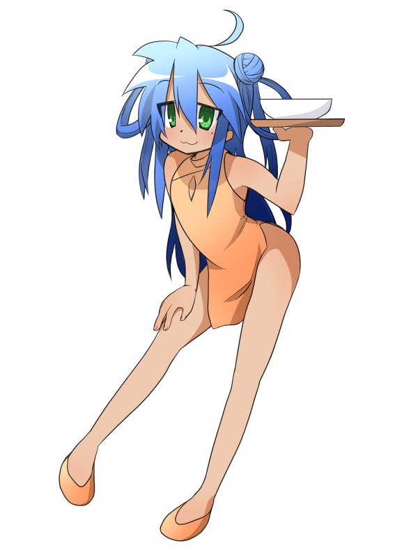 haiteku, izumi konata, lucky star, bad id, bad pixiv id, 00s, 1girl, ahoge, alternate hairstyle, blue hair, china dress, chinese clothes, cleavage cutout, clothing cutout, double bun, dress, female focus, green eyes, hair bun, hair rings, long hair, mole, mole under eye, solo