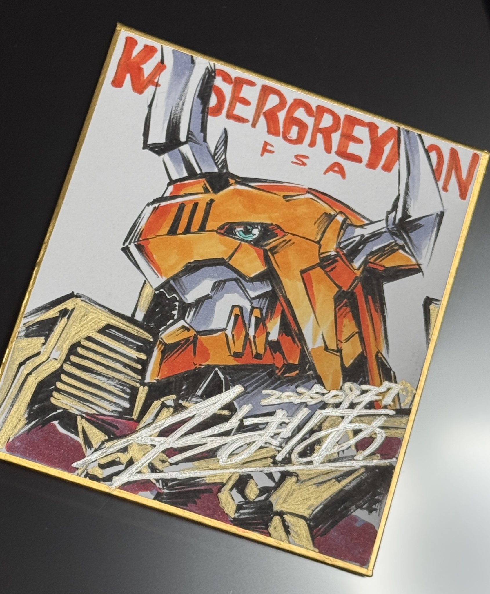 as'maria, kaisergreymon, digimon, highres, photo (medium), traditional media, character name, close-up, dated, digimon (creature), gold border, horns, shikishi, signature, simple background, solo, white background