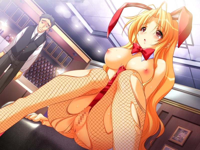 emily (pure dream), torn legwear, character request, source request, 1boy, 1girl, animal ears, antenna hair, anus, ass, bar (place), blonde hair, blush, breasts, censored, fake animal ears, fishnets, indoors, large breasts, long hair, pantyhose, playboy bunny, pussy, rabbit ears, red eyes, sitting, tears, torn clothes