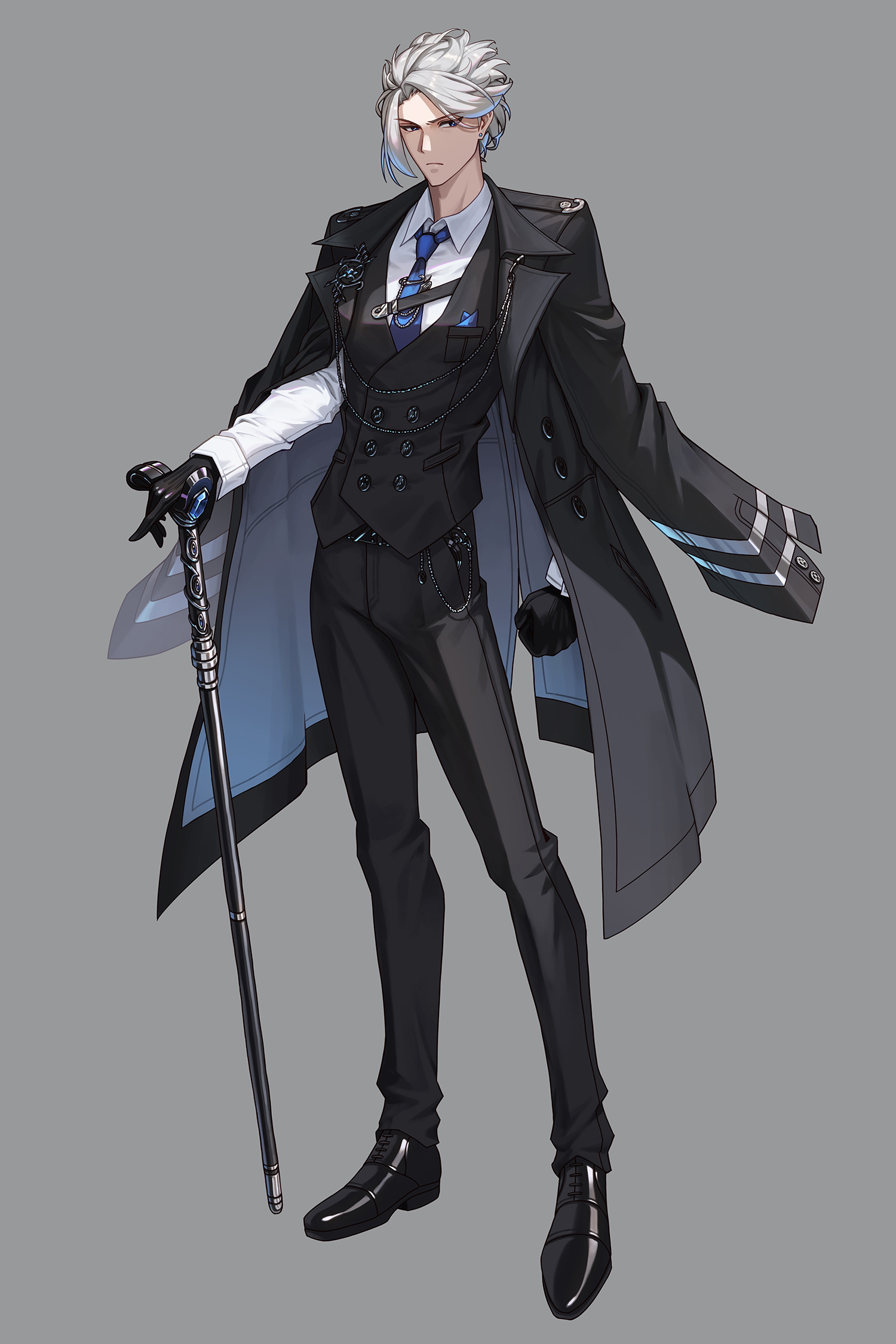 bowlp, original, highres, 1boy, black gloves, black jacket, black pants, black shoes, blue necktie, buttons, cane, chain, closed mouth, collared shirt, double-breasted, forehead, formal clothes, full body, gloves, grey background, holding, holding cane, jacket, jacket on shoulders, legs apart, light frown, long coat, long sleeves, looking to the side, loose necktie, male focus, necktie, open clothes, open jacket, pants, parted bangs, serious, shadow, shirt, shoes, simple background, standing, suit, v-shaped eyebrows, white shirt, white sleeves