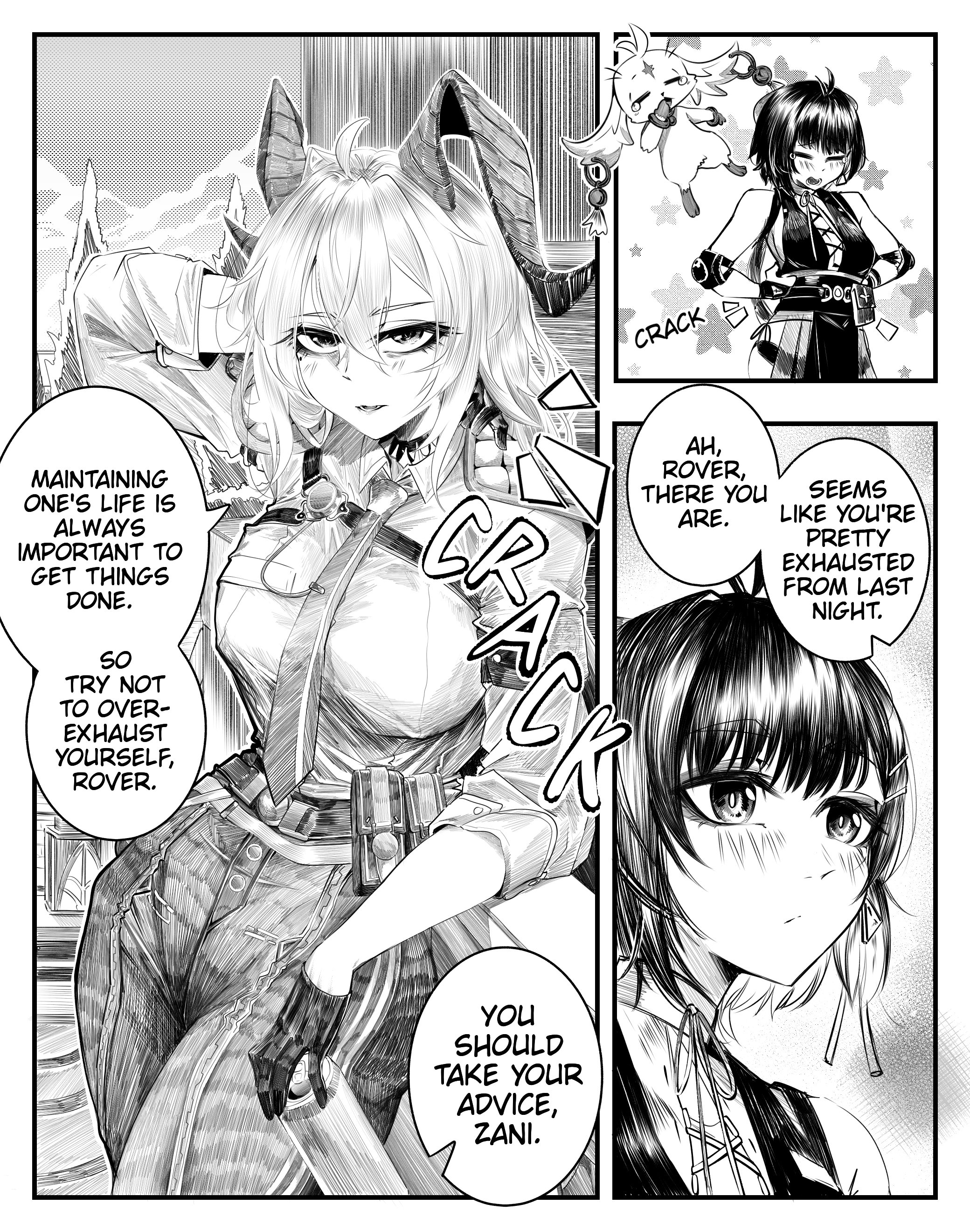 abby (wuthering waves), female rover (wuthering waves), rover (wuthering waves), zani (wuthering waves), wuthering waves, absurdres, commentary, highres, 2girls, ahoge, arm behind head, bare shoulders, border, breasts, closed mouth, collared shirt, creature, docileart, double-parted bangs, dress, english text, gloves, greyscale, hair between eyes, horns, large breasts, looking at viewer, mole, mole under eye, monochrome, multiple girls, necktie, pants, parted lips, shirt, short hair, sound effects, speech bubble, talking, white border, yawning