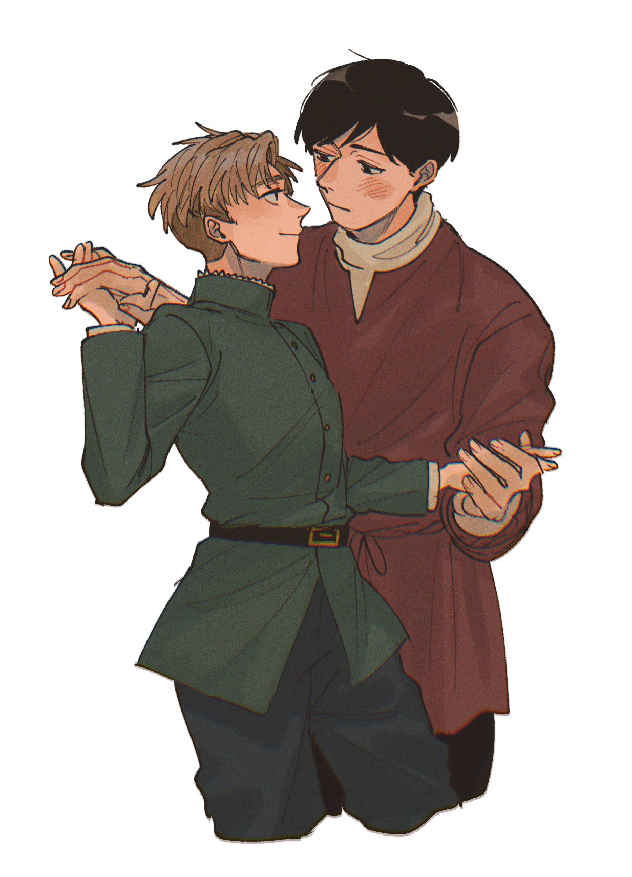 chizaki, rafal (chi.), chi.: chikyuu no undou ni tsuite, highres, 2boys, albert brudzewski (chi.), belt, belt buckle, black belt, black hair, black pants, blonde hair, blush, brown shoes, buckle, closed mouth, cowboy shot, cropped legs, dancing, green jacket, holding hands, jacket, looking at another, male focus, multiple boys, pants, parted bangs, shoes, short hair, smile, white background, yaoi