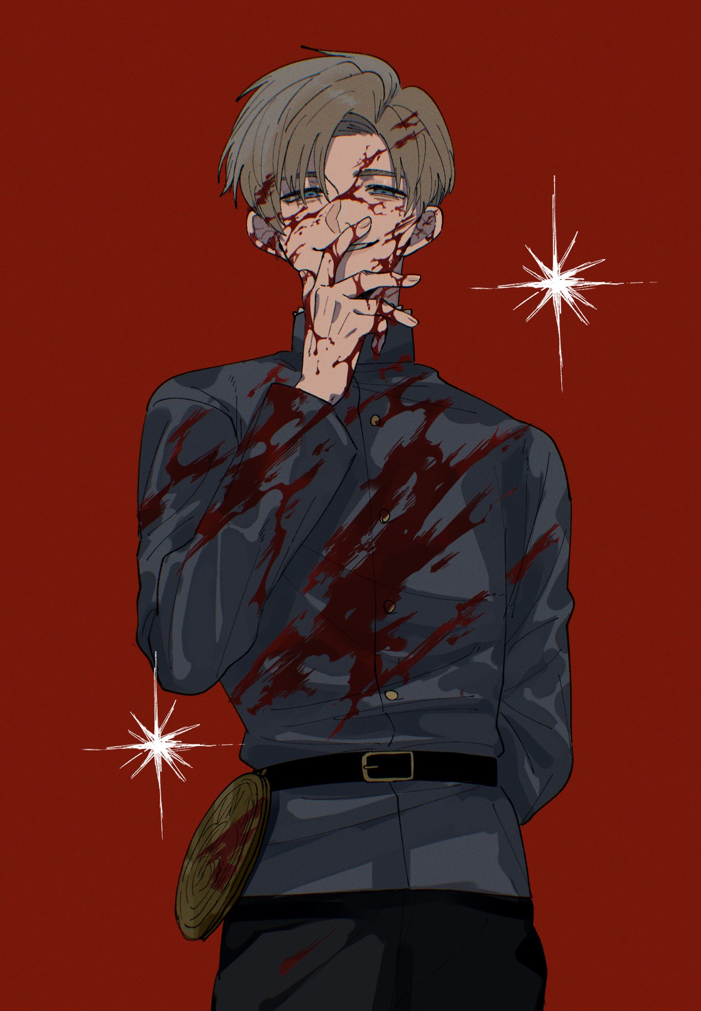 chizaki, rafal (chi.), chi.: chikyuu no undou ni tsuite, highres, 1boy, arm behind back, astrolabe, belt, black belt, black pants, blonde hair, blood, blood on clothes, blood on hands, blue jacket, cowboy shot, half-closed eyes, hand on own face, jacket, looking at viewer, male focus, pants, parted bangs, parted lips, red background, short hair, smirk, solo