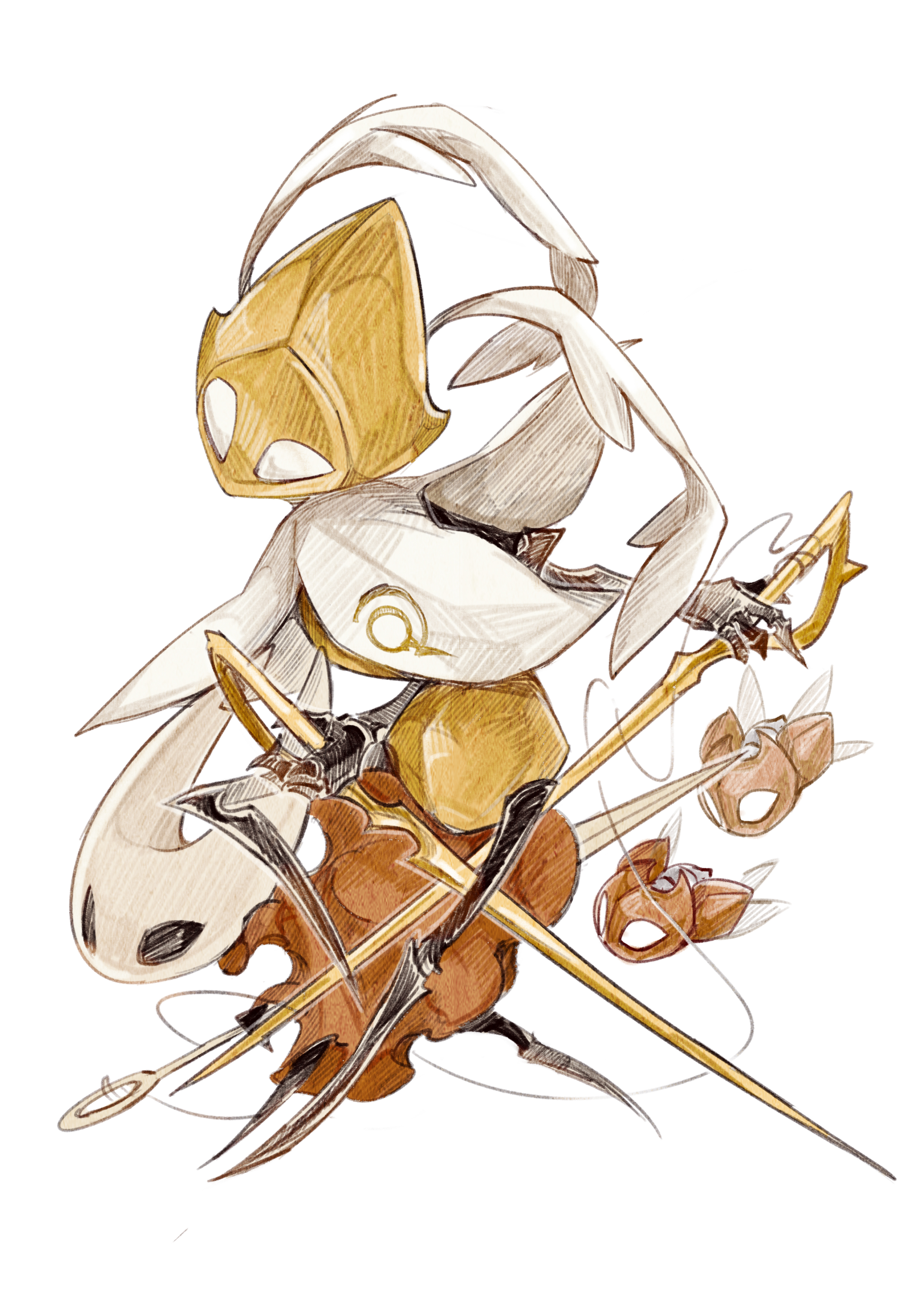 fioco virus, hornet (hollow knight), hollow knight, hollow knight: silksong, absurdres, highres, 1girl, 1other, arthropod girl, cloak, cogfly (hollow knight), dual wielding, helmet, holding, holding weapon, hollow eyes, horned mask, mask, needle (hollow knight), pin (hollow knight), red cloak, second sentinel (hollow knight), simple background, thread, weapon, white background, white cloak, white eyes, white mask