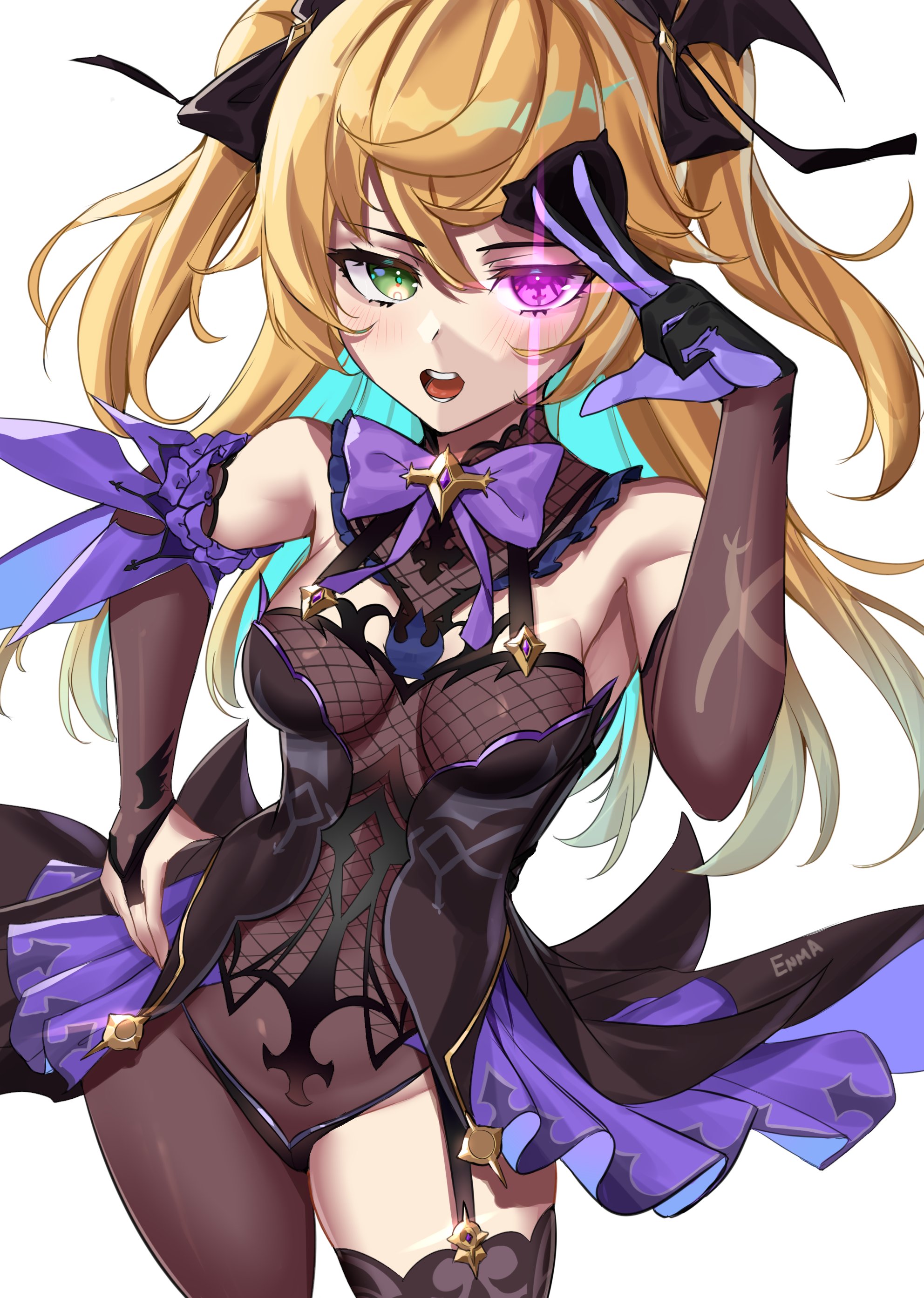 enma (enmanuelart), fischl (genshin impact), genshin impact, black bodystocking, absurdres, commentary, english commentary, highres, 1girl, aqua hair, artist name, asymmetrical legwear, bare shoulders, black bow, black bridal gauntlets, black collar, black dress, black gloves, black pantyhose, black thighhighs, blonde hair, blush, bodystocking, bow, bowtie, breasts, bridal gauntlets, chuunibyou, collar, colored inner hair, cowboy shot, dress, elbow gloves, eyelashes, eyepatch, eyepatch pull, fishnet bodystocking, fishnets, frilled collar, frills, garter straps, gloves, glowing, glowing eye, green eyes, hair between eyes, hair bow, hand on own hip, heterochromia, looking at viewer, medium breasts, multicolored hair, open mouth, pantyhose, purple bow, purple bowtie, purple eyes, purple gloves, simple background, single elbow glove, single garter strap, single leg pantyhose, single thighhigh, solo, sparkle, teeth, thighhighs, tongue, twintails, two-tone gloves, two-tone hair, watermark, white background