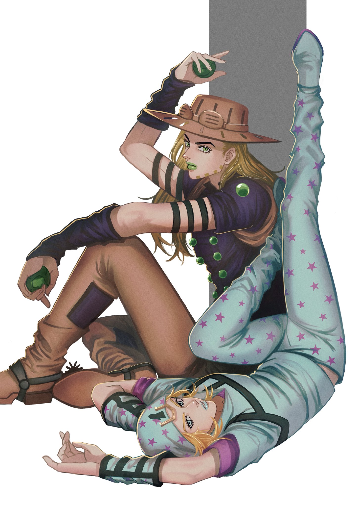gyro zeppeli, johnny joestar, jojo no kimyou na bouken, steel ball run, hashtag-only commentary, highres, 2boys, ball, beanie, beard, blonde hair, blue arm warmers, blue eyes, blue hat, blue hoodie, blue lips, blue pants, blue sleeves, brown hat, brown pants, cowboy hat, facial hair, feather tiger, goggles, goggles on headwear, green eyes, green lips, hat, holding, holding ball, hood, hood down, hoodie, horseshoe hat ornament, horseshoe ornament, jojo pose, long hair, looking at viewer, lying, makeup, male focus, medium hair, multiple boys, on back, pants, purple arm warmers, purple shirt, purple sleeves, shirt, short sleeves, spurs, star (symbol), star print, steel ball (jojo), two-tone sleeves, upside-down