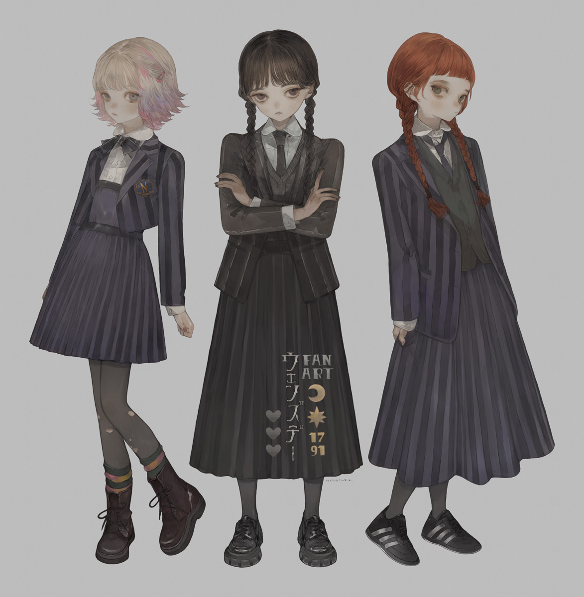 nekosuke (oxo), agnes demille, enid sinclair, wednesday addams, addams family, wednesday (netflix), highres, 3girls, black boots, black hair, black jacket, black necktie, black shoes, black skirt, boots, braid, closed mouth, crossed arms, full body, grey background, grey jacket, grey skirt, heel up, jacket, long hair, long skirt, long sleeves, looking at viewer, miniskirt, multiple girls, necktie, open clothes, open jacket, red hair, shoes, short hair, simple background, skirt, skirt set, sneakers, standing, striped clothes, striped jacket, striped skirt, twin braids