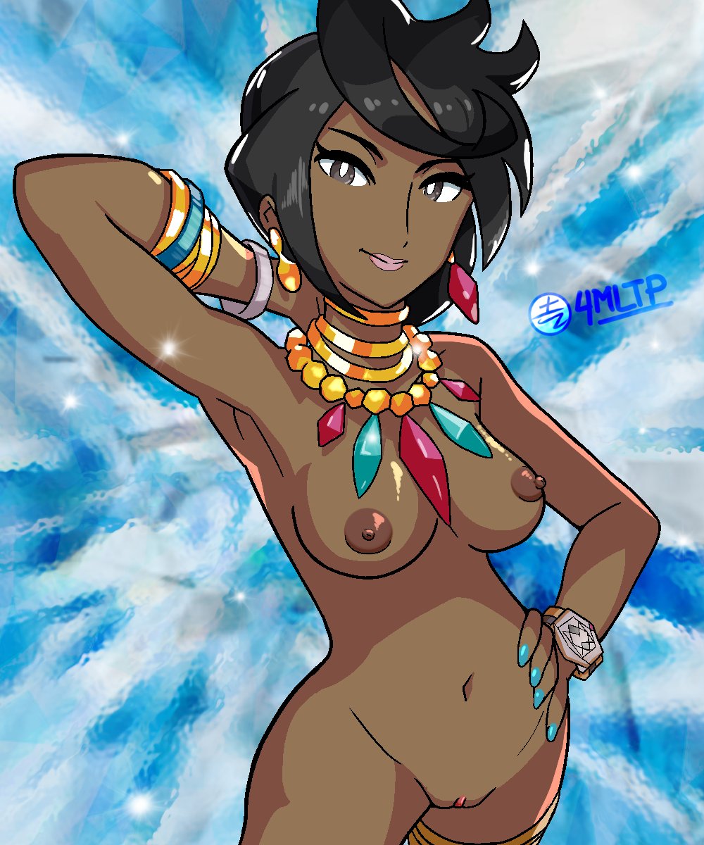4mltp, olivia (pokemon), nintendo, pokemon, pokemon sm, commentary, english commentary, highres, 1girl, black hair, bracelet, breasts, bright pupils, brown eyes, clitoral hood, collarbone, cowboy shot, dark-skinned female, dark nipples, dark skin, earrings, hand on own hip, jewelry, looking at viewer, nail polish, navel, necklace, nipples, nude, pussy, short hair, signature, solo, thigh strap, uncensored, white pupils, z-ring