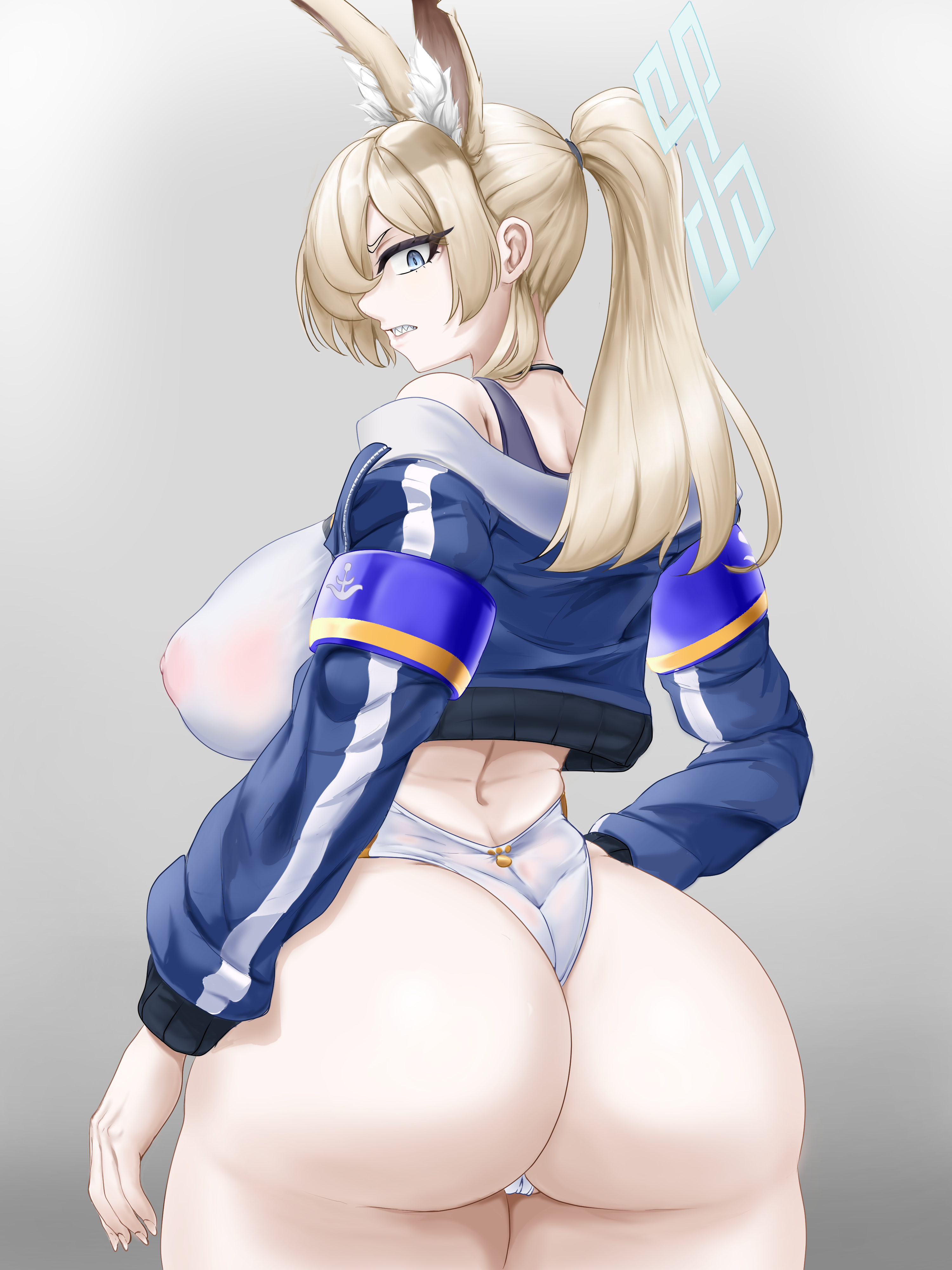 luxap, kanna (blue archive), kanna (swimsuit) (blue archive), blue archive, 1girl, animal ear fluff, animal ears, armband, ass, back, backless swimsuit, blonde hair, blue eyes, blue jacket, breasts, cropped jacket, from behind, grey background, hair over one eye, hair tie, halo, hand on own hip, huge ass, huge breasts, jacket, long hair, looking back, nipples, off-shoulder jacket, off shoulder, one-piece swimsuit, one eye covered, open clothes, open jacket, ponytail, scowl, see-through clothes, see-through one-piece swimsuit, sharp teeth, solo, standing, swimsuit, teeth, white one-piece swimsuit, wide hips