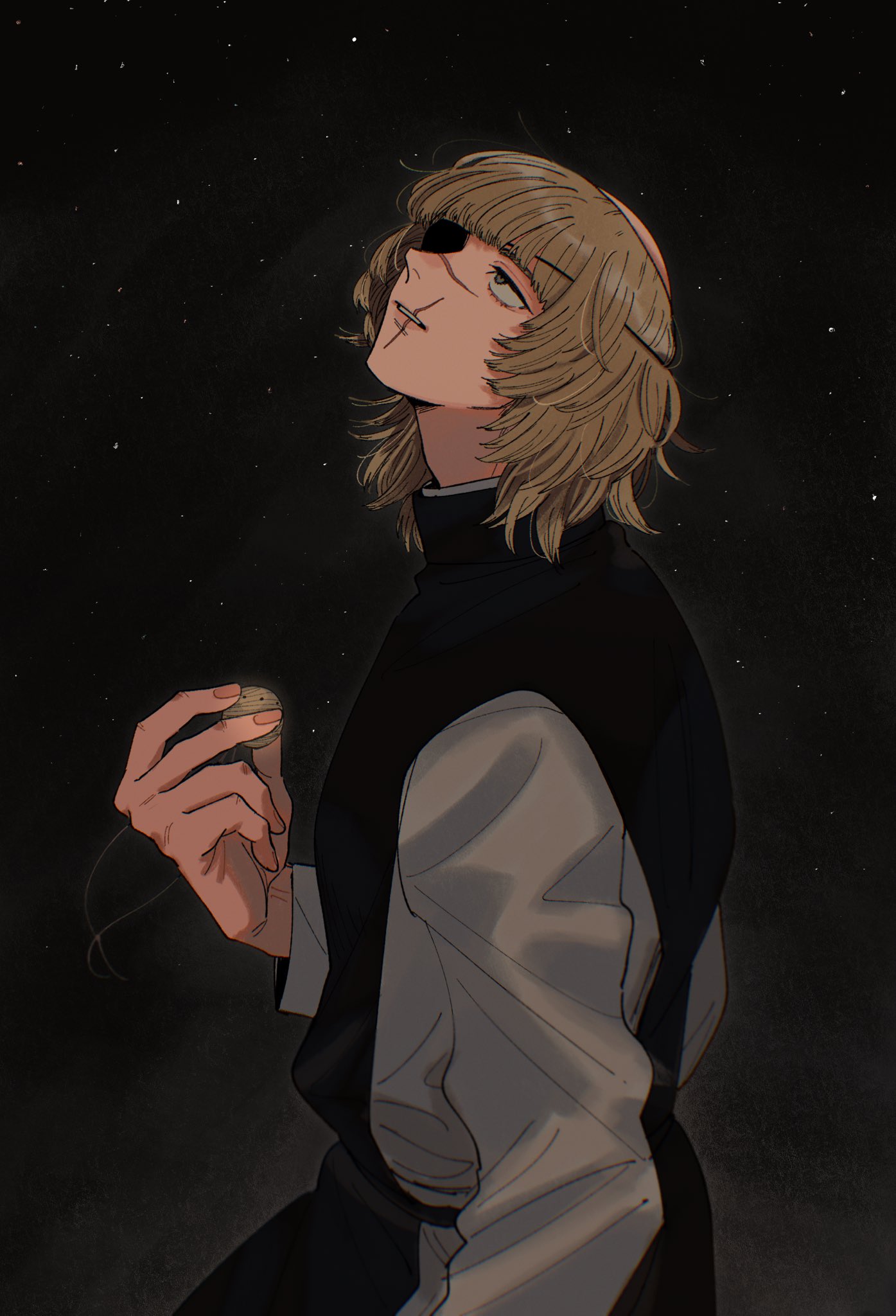 chizaki, badeni, chi.: chikyuu no undou ni tsuite, highres, 1boy, black tunic, blonde hair, blunt bangs, eyepatch, holding, holding jewelry, holding necklace, jewelry, looking up, male focus, medium hair, necklace, parted lips, scar, scar on face, scar on mouth, scar on nose, shirt, sky, solo, star (sky), starry sky, starry sky background, tonsure, tunic, upper body, white shirt