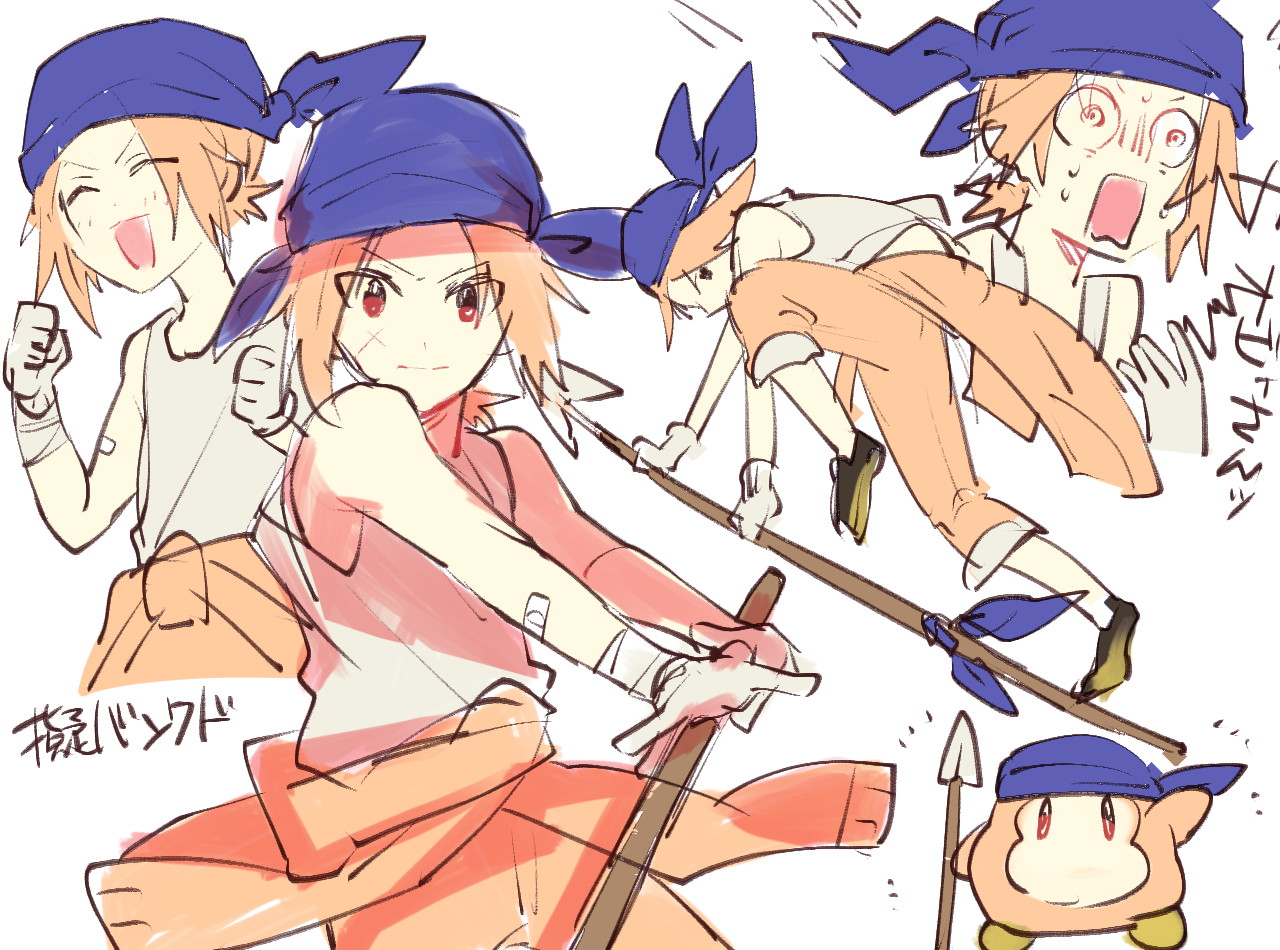 oiraobonnu, bandana waddle dee, kirby (series), nintendo, 1boy, bandana, blue bandana, blue eyes, blush stickers, closed eyes, hat, humanization, multiple persona, orange eyes, orange hair, polearm, smile, spear, star (symbol), surprised, weapon