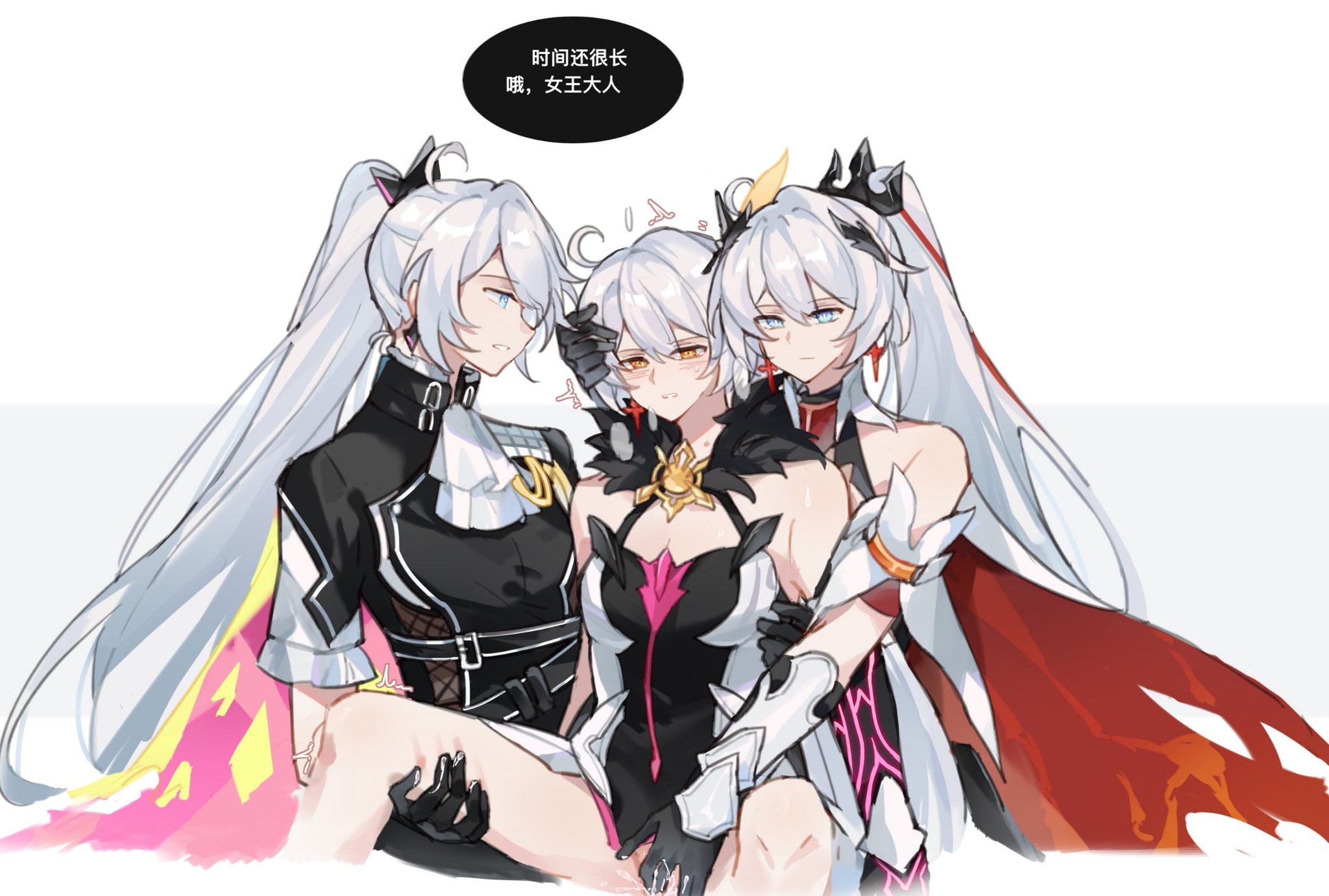 shiying no yao, kiana kaslana, honkai (series), honkai impact 3rd, character request, highres, translation request, 3girls, ascot, bare shoulders, black dress, black gloves, black jacket, blue eyes, cape, chinese text, dress, earrings, fingering, girl sandwich, gloves, jacket, jewelry, long hair, multiple girls, ponytail, pussy juice, reach-around, red cape, red streaks, sandwiched, simple background, speech bubble, white ascot, white background, white dress, white hair, yellow eyes, yuri