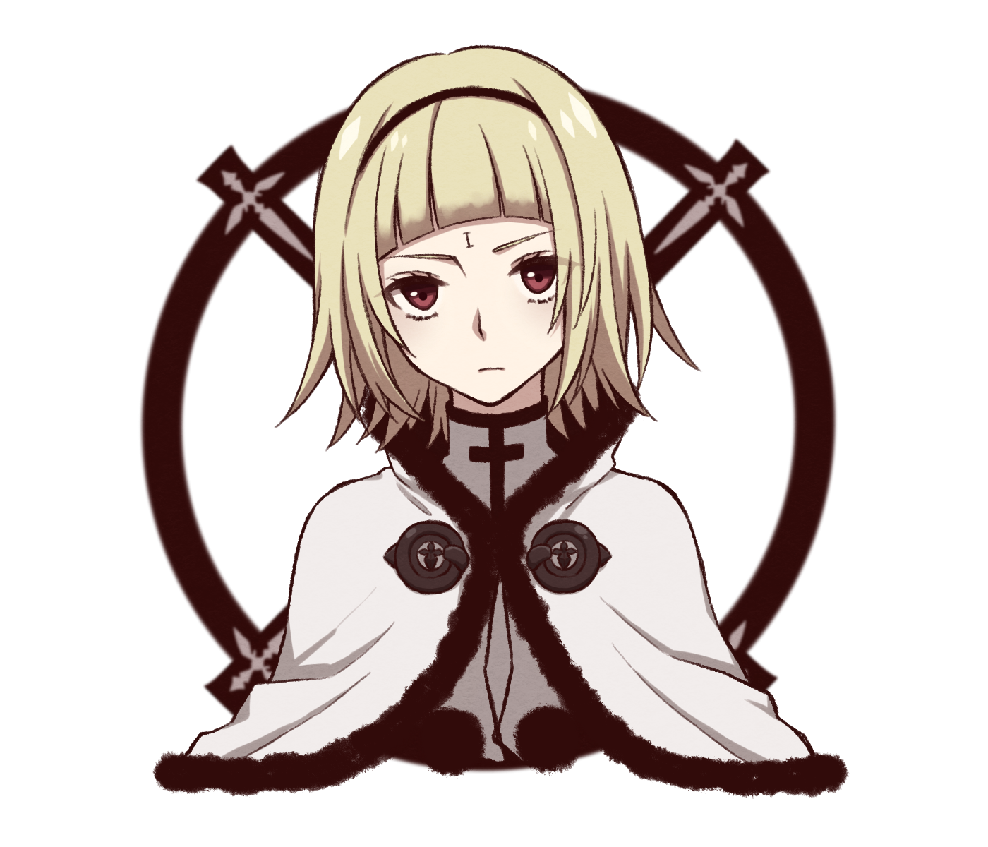 tamakingx422x, one (drag-on dragoon), drag-on dragoon, drag-on dragoon 3, commentary request, highres, 1girl, black hairband, blonde hair, blunt bangs, capelet, closed mouth, cropped torso, expressionless, facial mark, forehead mark, fur-trimmed capelet, fur trim, hairband, looking at viewer, red eyes, roman numeral, short hair, solo, white background, white capelet