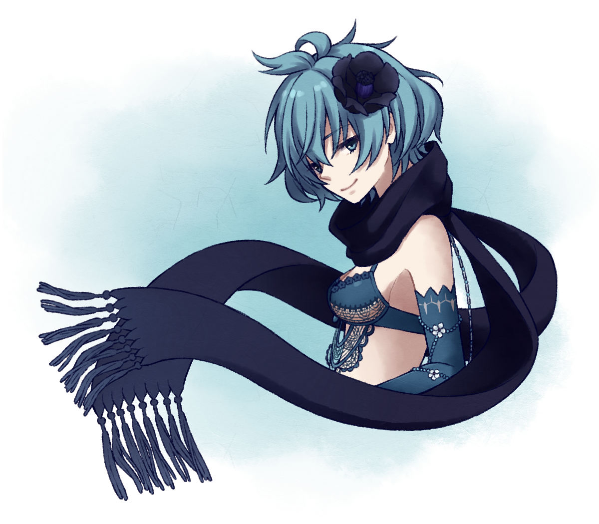 tamakingx422x, two (drag-on dragoon), drag-on dragoon, drag-on dragoon 3, commentary request, 1girl, bare shoulders, black flower, black scarf, blue bra, blue eyes, blue gloves, blue hair, bra, breasts, closed mouth, cropped torso, elbow gloves, flower, from side, gloves, hair flower, hair ornament, medium breasts, scarf, short hair, smile, solo, underwear