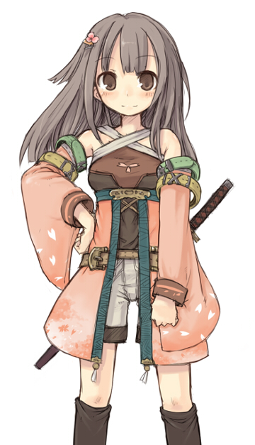 7010, original, silver hair, 1girl, blush, brown eyes, detached sleeves, female focus, katana, kneehighs, long hair, shorts, smile, socks, solo, sword, weapon