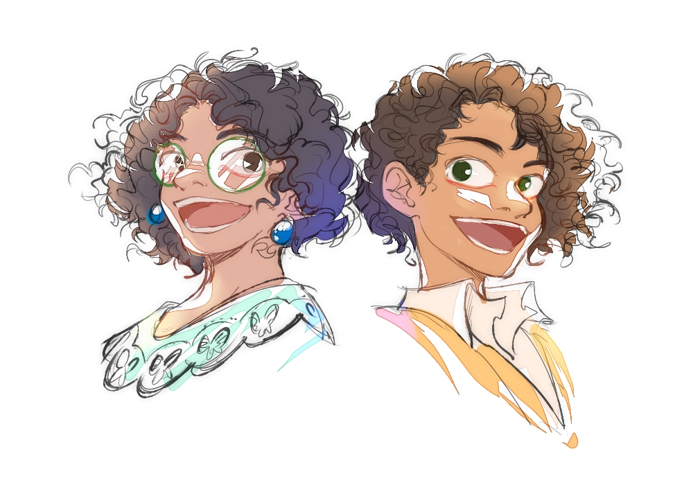 camilo madrigal, mirabel madrigal, encanto, 1boy, 1girl, afro, arepa, boki7265-never, brown eyes, brown hair, colombian clothes, cousins, curly hair, dark-skinned female, dark-skinned male, dark skin, earrings, hourglass print, jewelry, poncho, shirt, short hair, simple background, smile, white shirt, yellow poncho