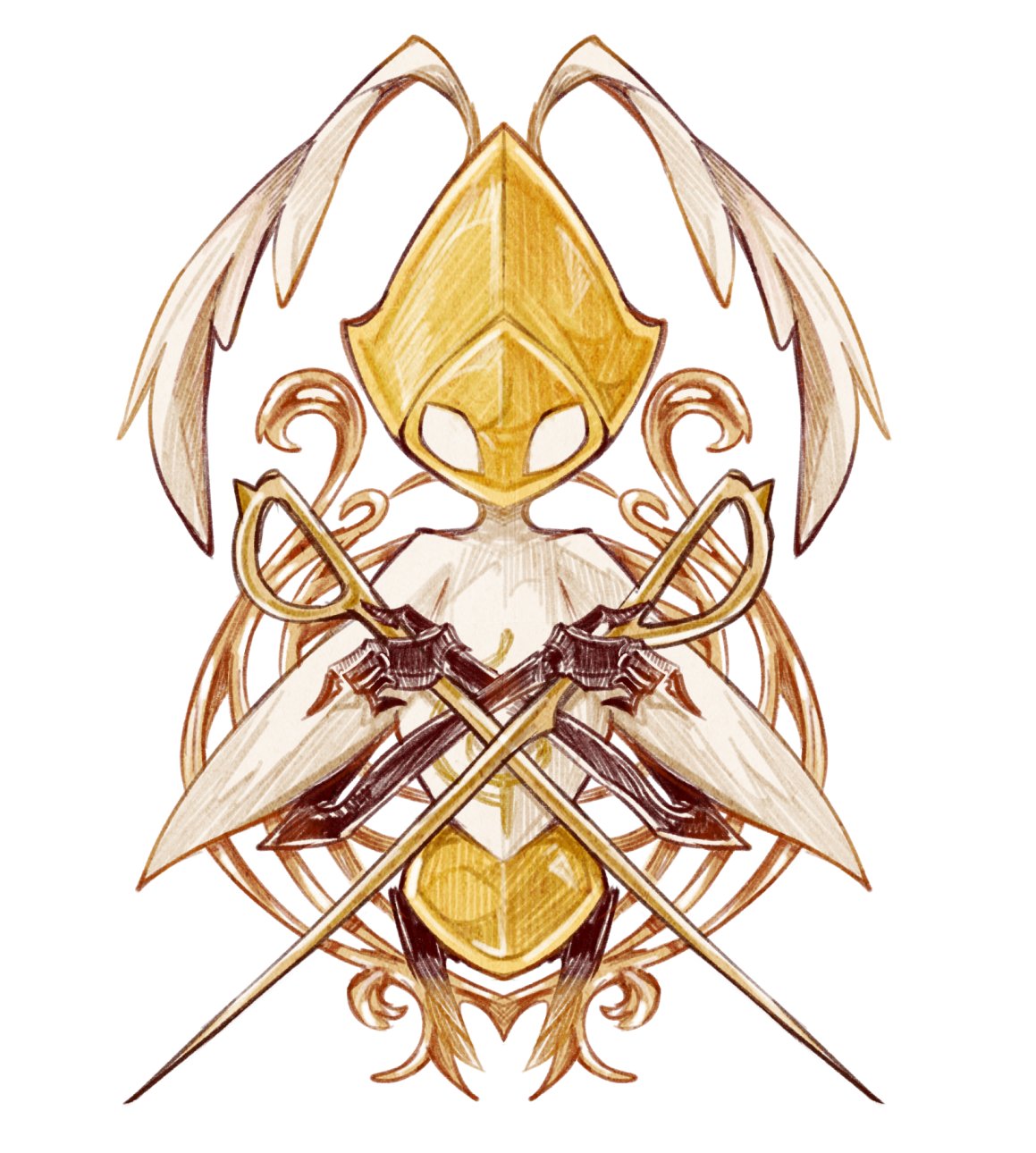 fioco virus, hollow knight, hollow knight: silksong, commentary, commission, english commentary, highres, 1other, cloak, dual wielding, helmet, holding, holding weapon, looking at viewer, pin (hollow knight), second sentinel (hollow knight), solo, weapon, white cloak, white eyes