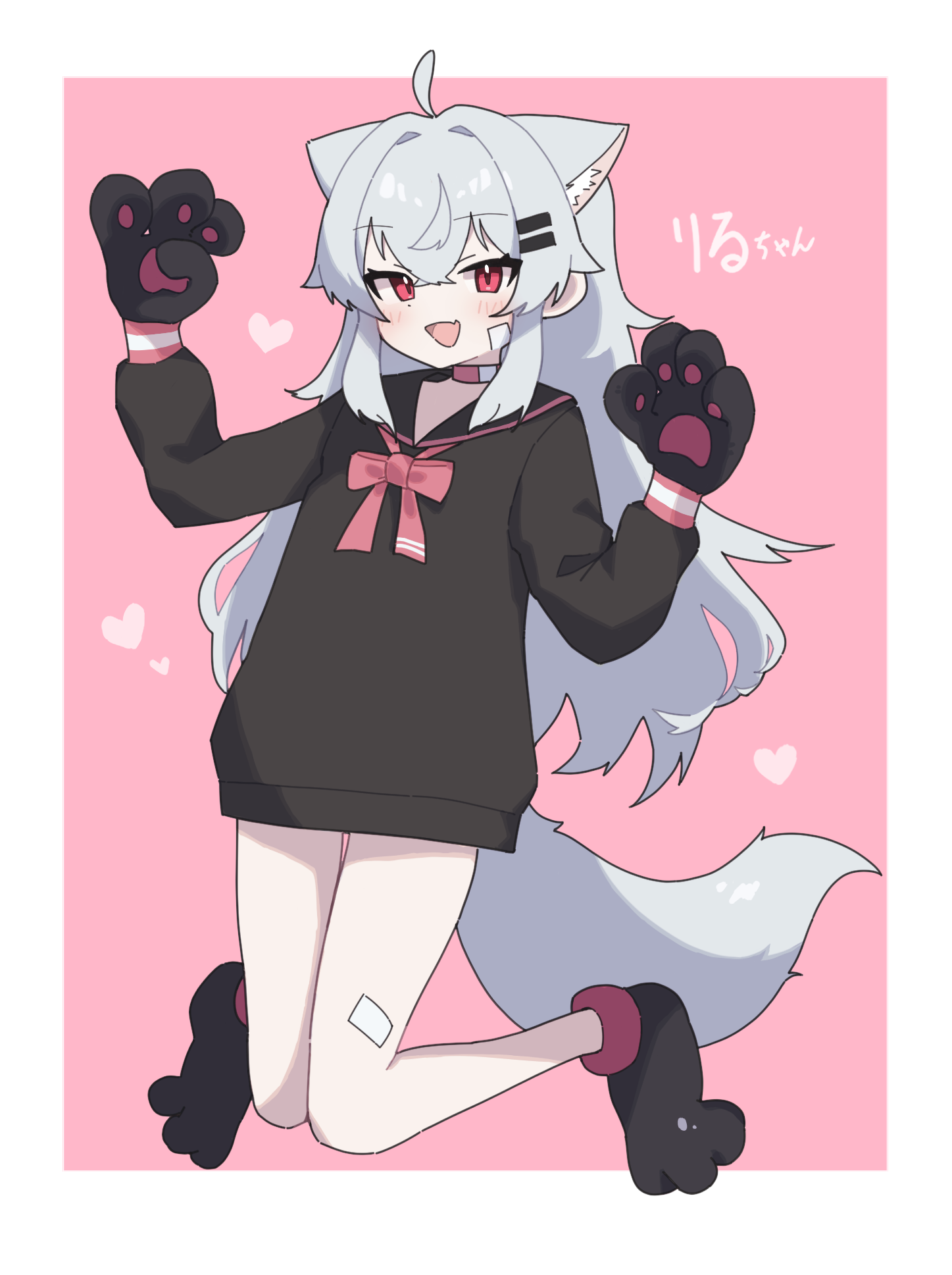 tetetaco, rir-chan, original, commentary, highres, translated, 1girl, :d, ahoge, animal ear fluff, animal ears, animal hands, bandaid, bandaid on cheek, bandaid on face, bandaid on leg, black dress, black sailor collar, border, borrowed character, bow, bowtie, collar, dot nose, dress, ears down, extra ears, fang, full body, gloves, grey hair, hair between eyes, hands up, heart, light blush, long hair, long sleeves, looking at viewer, messy hair, open mouth, paw gloves, paw pose, paw shoes, pink background, pink bow, pink bowtie, red eyes, sailor collar, sailor dress, shoes, short dress, sidelocks, skin fang, smile, solo, tail, very long hair, white border, wolf ears, wolf girl, wolf tail