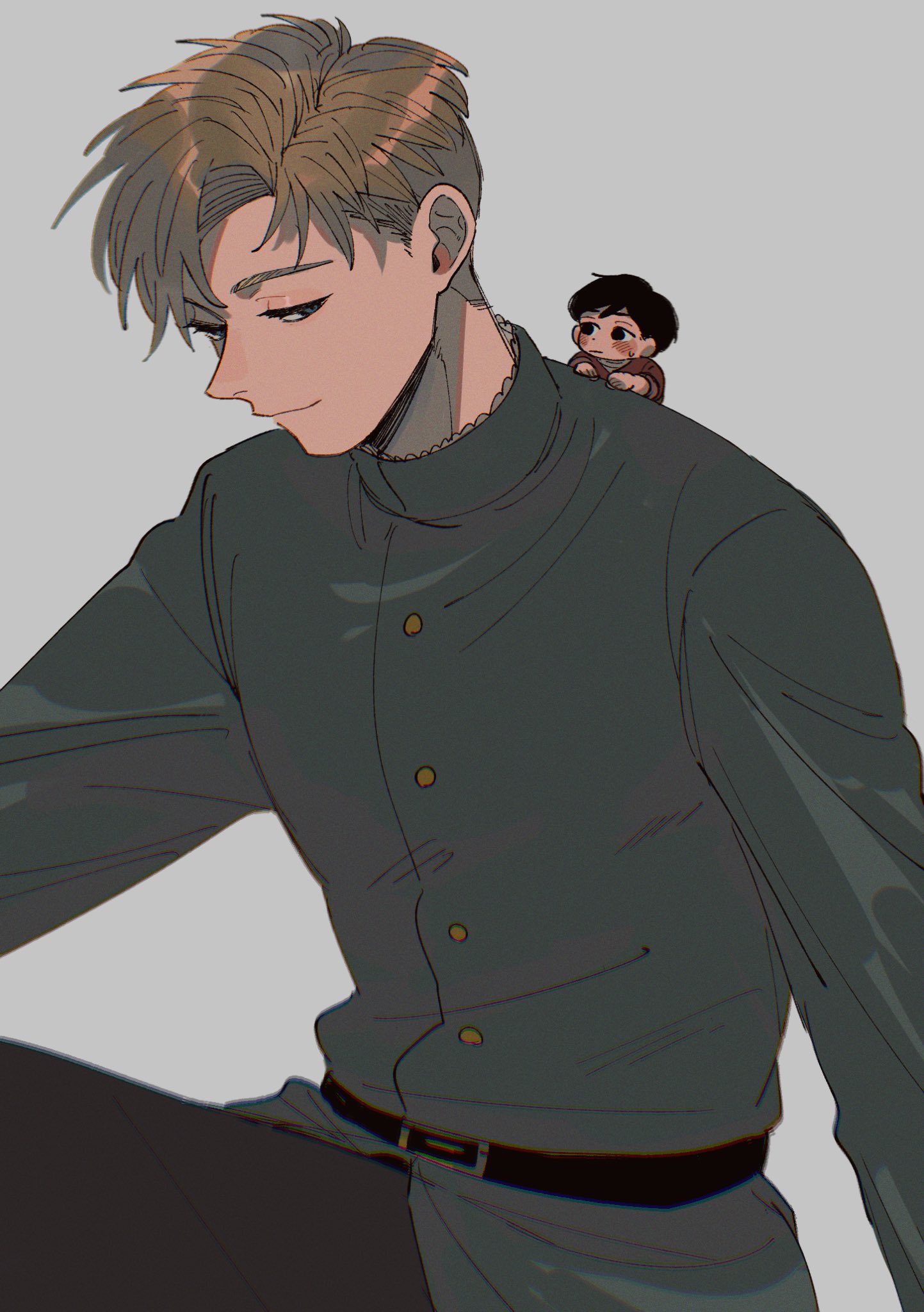 chizaki, rafal (chi.), chi.: chikyuu no undou ni tsuite, highres, 2boys, albert brudzewski (chi.), belt, black belt, black hair, black pants, blonde hair, blush, brown shirt, chibi on shoulder, closed mouth, green jacket, grey background, half-closed eyes, jacket, light frown, light smile, looking at another, male focus, multiple boys, pants, parted bangs, shirt, short hair, sweatdrop, upper body
