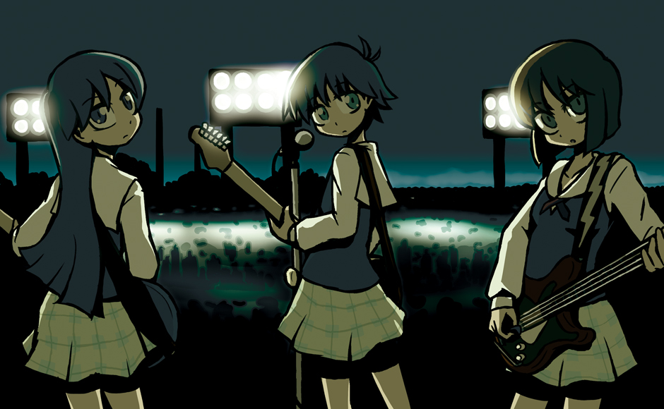 riyo (lyomsnpmp), hagiwara yukiho, kikuchi makoto, kisaragi chihaya, idolmaster, idolmaster (classic), idolmaster 1, 00s, 3girls, antenna hair, band (music), bass guitar, guitar, instrument, long hair, looking back, microphone, microphone stand, multiple girls, plaid clothes, plaid skirt, short hair, skirt, stadium