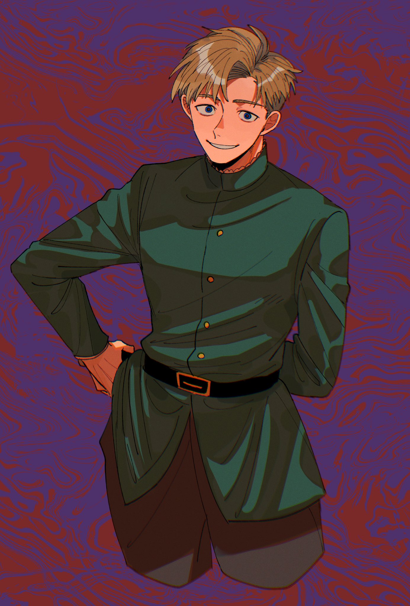 chizaki, rafal (chi.), chi.: chikyuu no undou ni tsuite, highres, 1boy, arm behind back, belt, belt buckle, black belt, black pants, blonde hair, buckle, cowboy shot, cropped legs, gold buttons, green jacket, hand on own hip, jacket, looking at viewer, male focus, pants, parted bangs, parted lips, purple background, short hair, smile, solo, teeth