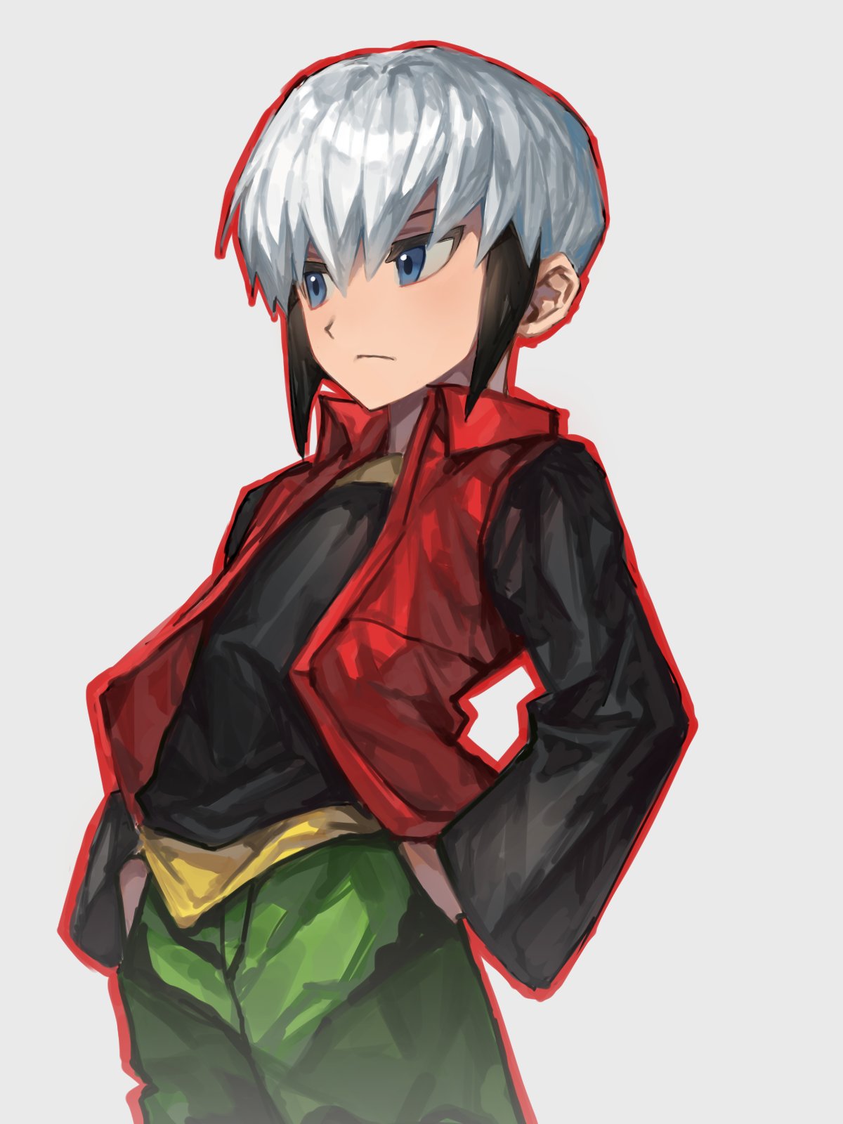 relation z, eugene chaud (mega man), mega man (series), mega man battle network (series), highres, 1boy, black hair, black shirt, cowboy shot, hands in pockets, male focus, multicolored hair, red vest, shirt, simple background, solo, two-tone hair, vest, white background, white hair