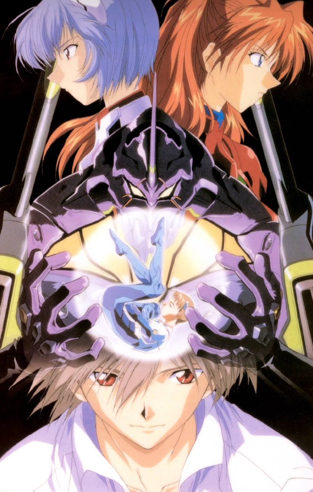 yokota mamoru, ayanami rei, eva 01, ikari shinji, nagisa kaworu, souryuu asuka langley, neon genesis evangelion, official art, 2girls, blue eyes, blue hair, bodysuit, brown hair, closed mouth, expressionless, gloves, grey hair, hair between eyes, hair ornament, interface headset (evangelion), mecha, mecha pilot suit, multiple girls, plugsuit (evangelion), red bodysuit, red eyes, robot, short hair, white bodysuit