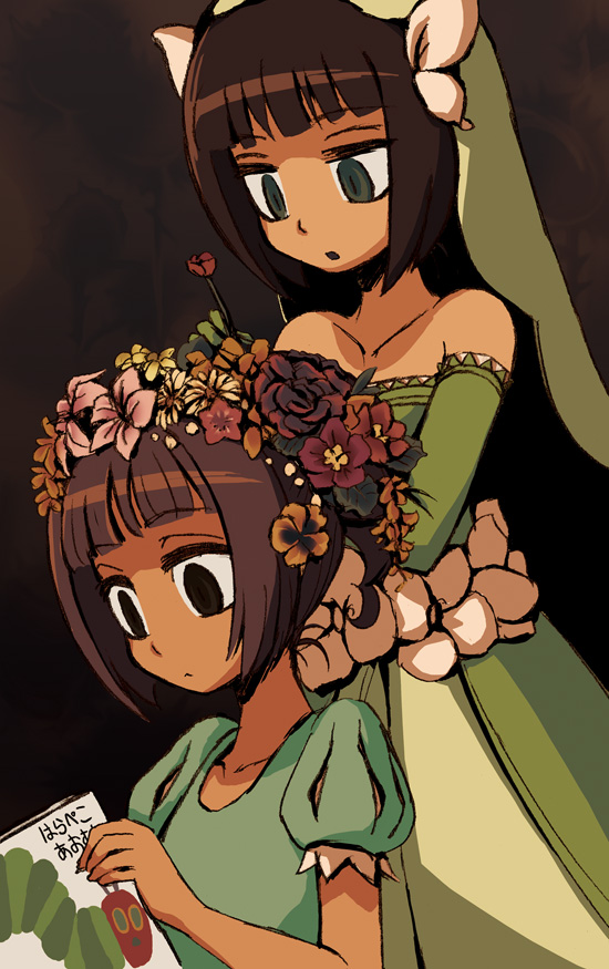 riyo (lyomsnpmp), amami haruka, hagiwara yukiho, takatsuki yayoi, idolmaster, idolmaster (classic), idolmaster 1, the very hungry caterpillar, translated, 00s, 2girls, bare shoulders, book, brown eyes, detached sleeves, dress, elbow gloves, flower, gloves, green eyes, hairdressing, multiple girls, open book, reading, veil, wedding dress