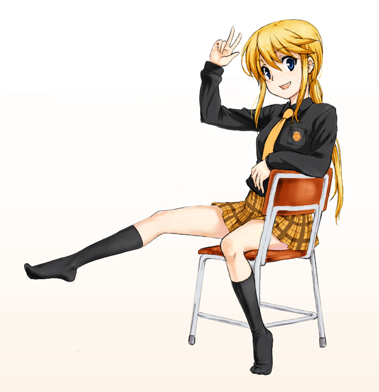 kirisato itsuki, kageyama torako, hyakko, 00s, 1girl, blonde hair, blue eyes, feet, female focus, full body, gradient background, kneehighs, necktie, plaid clothes, plaid skirt, school uniform, serafuku, skirt, socks, solo, v