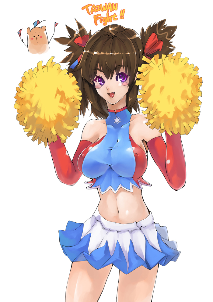 bh001, original, bad id, bad pixiv id, 1girl, brown hair, cheerleader, elbow gloves, female focus, gloves, hair ribbon, midriff, pom pom (cheerleading), purple eyes, ribbon, skirt, solo