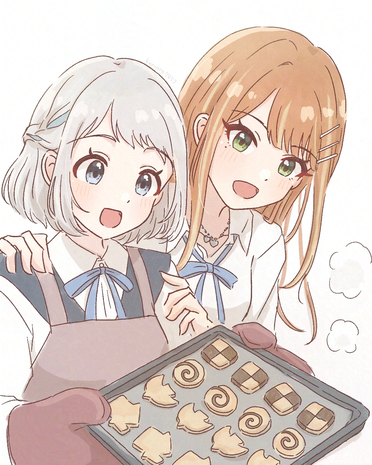 komoro7857, katsuragi lilja, shiun sumika, gakuen idolmaster, idolmaster, commentary request, highres, 2girls, apron, baking, baking sheet, blue eyes, blue ribbon, blush, braid, brown apron, collarbone, collared shirt, cookie, food, green eyes, grey hair, hair ornament, hair ribbon, hairclip, half up braid, hands on another's shoulders, hatsuboshi gakuen school uniform, heart, heart necklace, holding, holding tray, jewelry, long hair, looking at object, looking down, loose neck ribbon, medium hair, mole, mole under eye, multiple girls, neck ribbon, necklace, open collar, open mouth, orange hair, oven mitts, parallel hairclips, parted bangs, puff of air, ribbon, ribbon braid, school uniform, shirt, simple background, smile, swept bangs, tray, upper body, white background, white shirt