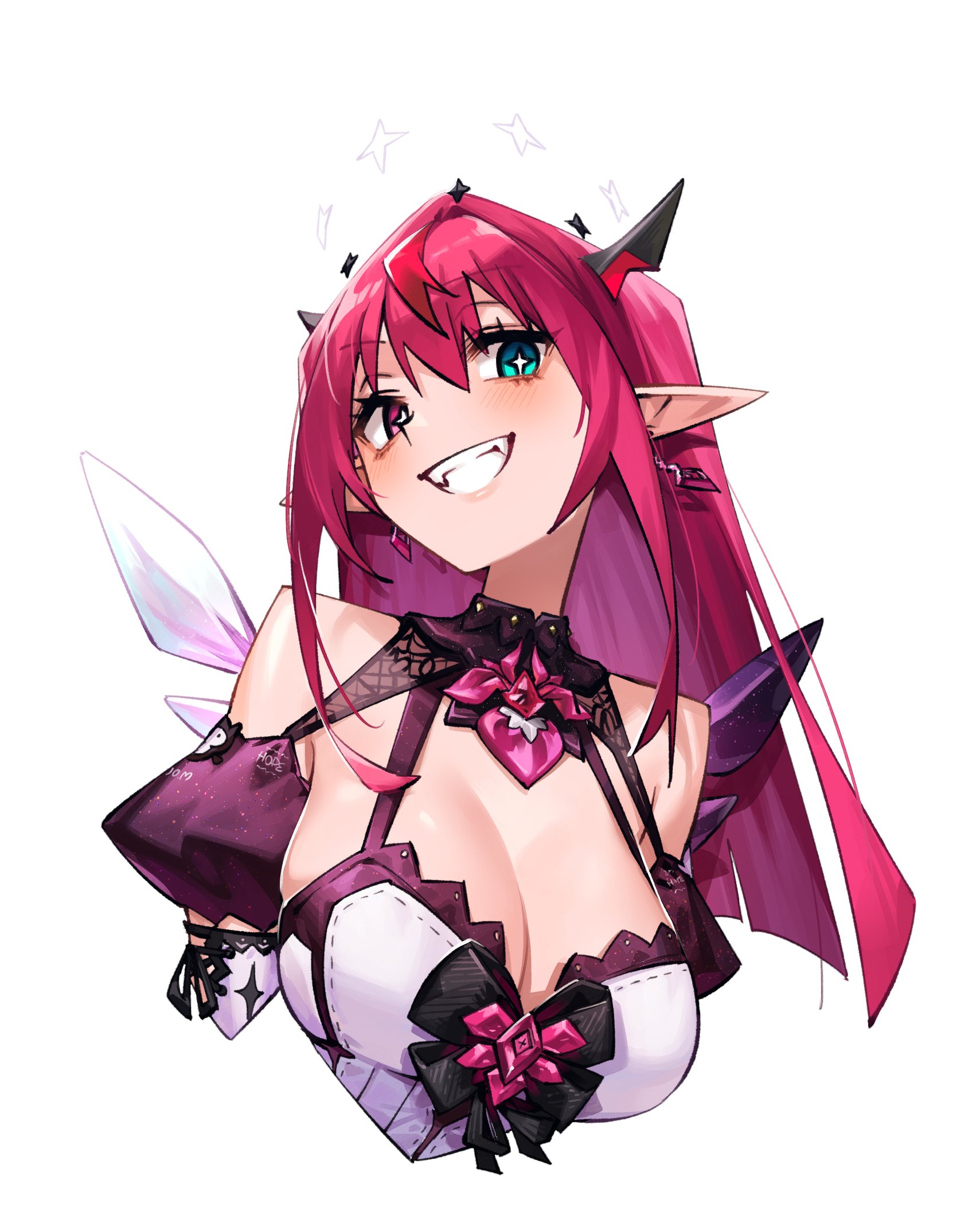 adarin, irys (hololive), irys (irys 2.0) (hololive), hololive, hololive english, commentary, english commentary, highres, 1girl, asymmetrical wings, blue eyes, breasts, brooch, cleavage cutout, clothing cutout, cropped torso, crystal wings, detached sleeves, detached wings, double halo, dress, earrings, grin, halo, heart, heart brooch, heterochromia, horns, jewelry, juliet sleeves, large breasts, long hair, long sleeves, looking at viewer, mismatched wings, pointy ears, puffy sleeves, purple hair, simple background, smile, solo, star-shaped pupils, star (symbol), star halo, symbol-shaped pupils, virtual youtuber, white background, white dress, wings