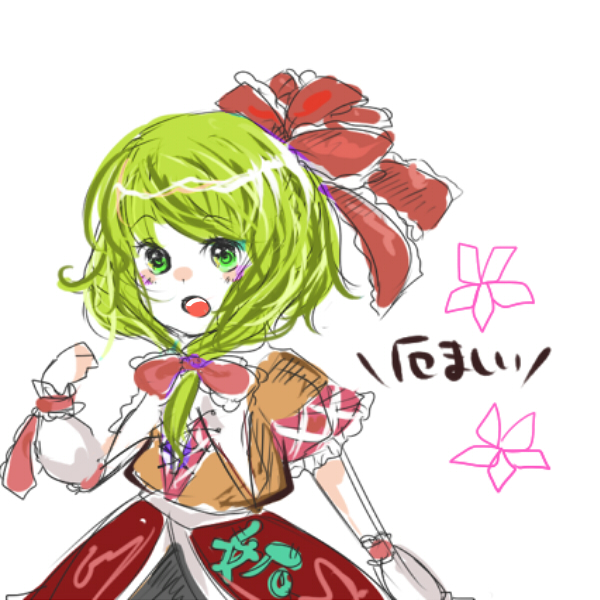 kagiyama hina, mizuhashi parsee, touhou, 1girl, blush, female focus, frills, front ponytail, green eyes, green hair, if they mated, matching hair/eyes, ribbon, solo