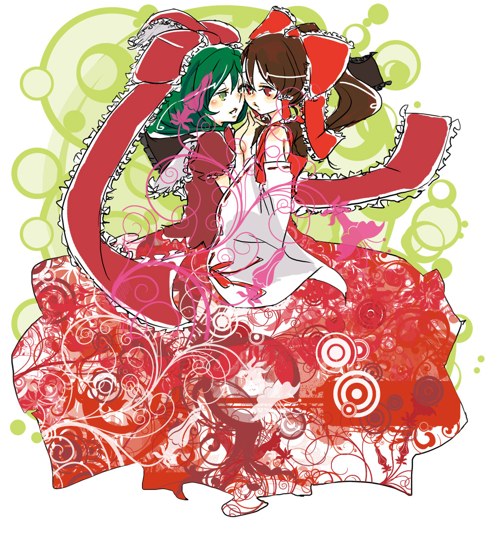 kaprice, hakurei reimu, kagiyama hina, touhou, 2girls, blush, brown hair, detached sleeves, female focus, frills, green eyes, green hair, hair ribbon, holding hands, japanese clothes, miko, multiple girls, red eyes, ribbon, smile, yuri