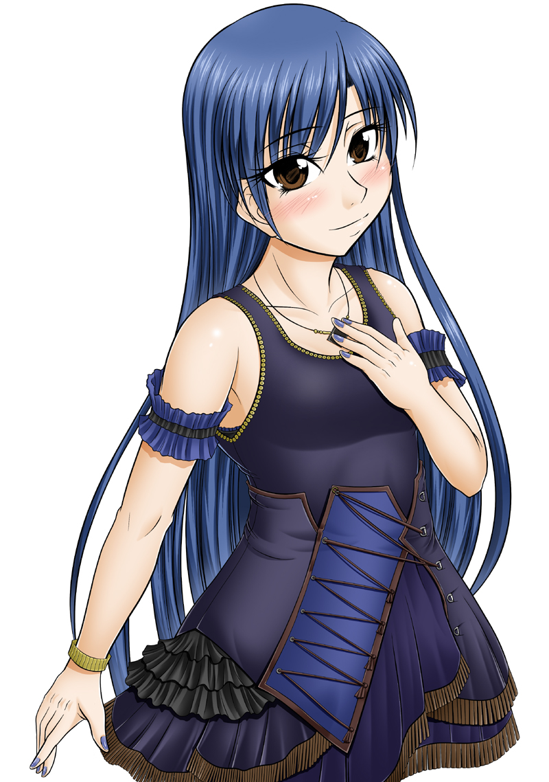 kakitsubata kanae, kisaragi chihaya, idolmaster, idolmaster (classic), idolmaster 1, 00s, bare shoulders, blue hair, brown eyes, dress, jewelry, long hair, necklace, solo