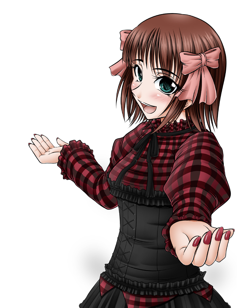 kakitsubata kanae, amami haruka, idolmaster, idolmaster (classic), idolmaster 1, plaid, 00s, brown hair, corset, dress, green eyes, short hair, shrugging, smile, solo