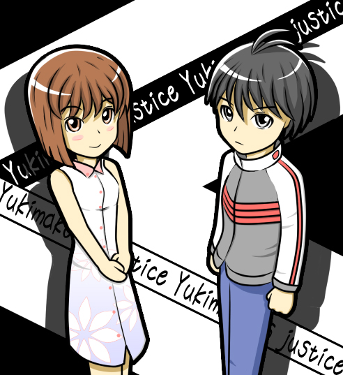 yu (pixiv126553), hagiwara yukiho, kikuchi makoto, idolmaster, idolmaster (classic), idolmaster 1, bad id, bad pixiv id, 00s, 2girls, antenna hair, bare shoulders, black hair, bob cut, brown eyes, brown hair, denim, dress, jacket, jeans, multiple girls, pants, raglan sleeves, short hair, smile, yukimako