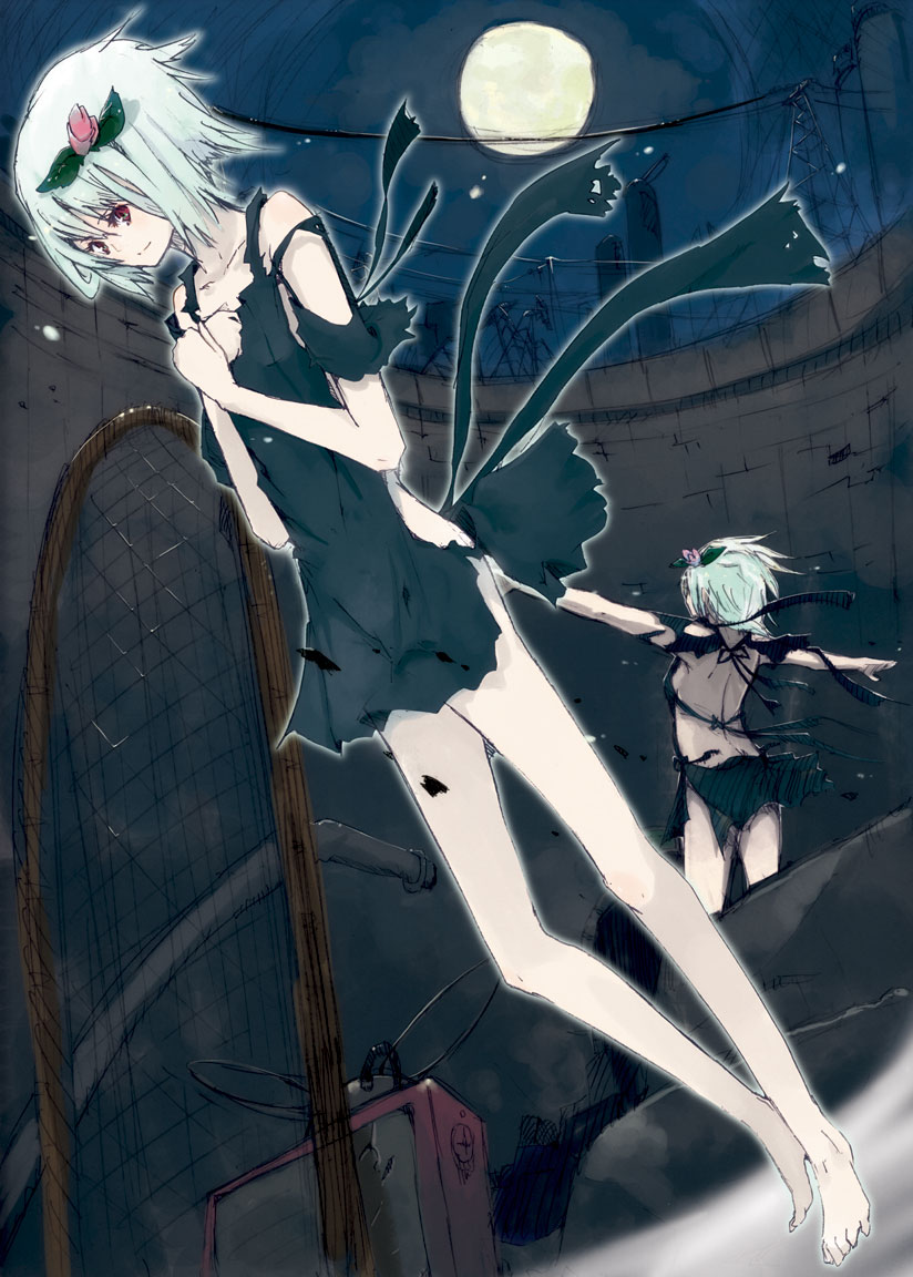 hrd, ren (fragile), fragile, fragile: sayonara tsuki no haikyo, silver hair, 1girl, back, barefoot, feet, flat chest, long legs, moon, short hair, skinny, torn clothes