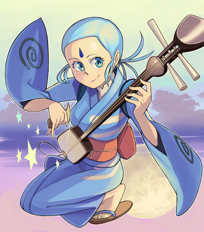 bowieknife, sora (oedo rocket), oedo rocket, ooedo rocket, 00s, 1girl, blue eyes, blue hair, facial mark, female focus, forehead mark, guitar, instrument, japanese clothes, kimono, matching hair/eyes, moon, sandals, shamisen, smile, solo