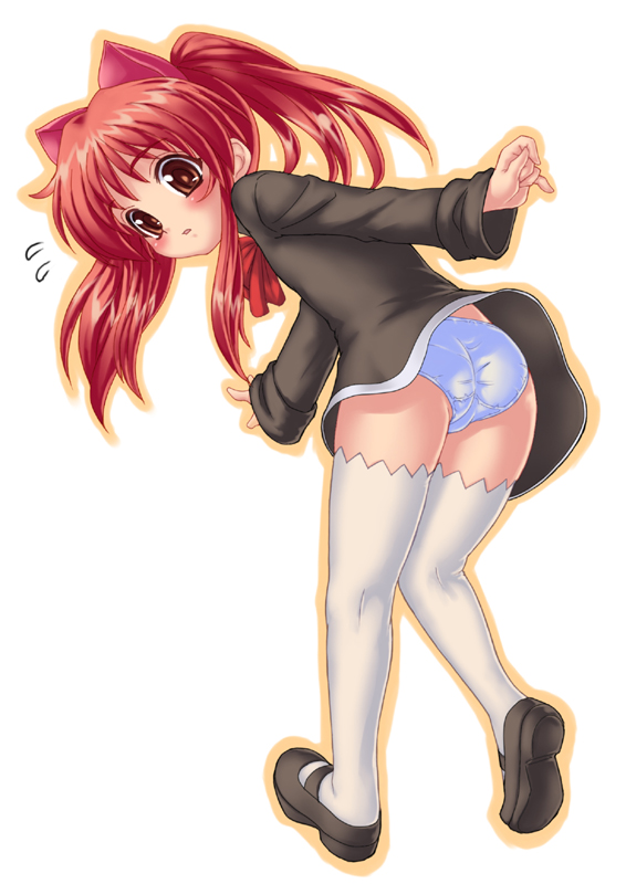 rokko, aloe, aloe (quiz magic academy), quiz magic academy, bad id, bad pixiv id, 1girl, ass, bow, brown eyes, female focus, flying sweatdrops, long hair, panties, pantyshot, parted lips, red hair, school uniform, serafuku, solo, thighhighs, trefoil, twintails, underwear, white panties, white thighhighs