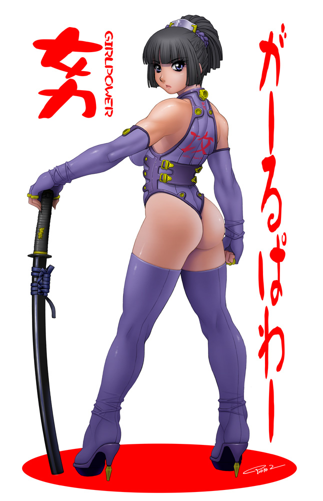 girlpower, koutarou, koutarou (girl power), 1girl, ass, black hair, blue eyes, boots, elbow gloves, female focus, gloves, high heels, katana, leotard, shoes, short hair, solo, sword, thigh boots, thighhighs, thong leotard, weapon