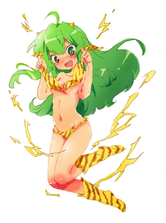 kona, kona (canaria), lum, urusei yatsura, bad id, bad pixiv id, 1girl, ahoge, animal print, bikini, blush, body blush, cone horns, electricity, embarrassed, fang, female focus, green eyes, green hair, horns, long hair, matching hair/eyes, open mouth, solo, striped horns, swimsuit, tiger print, yellow bikini, yellow horns