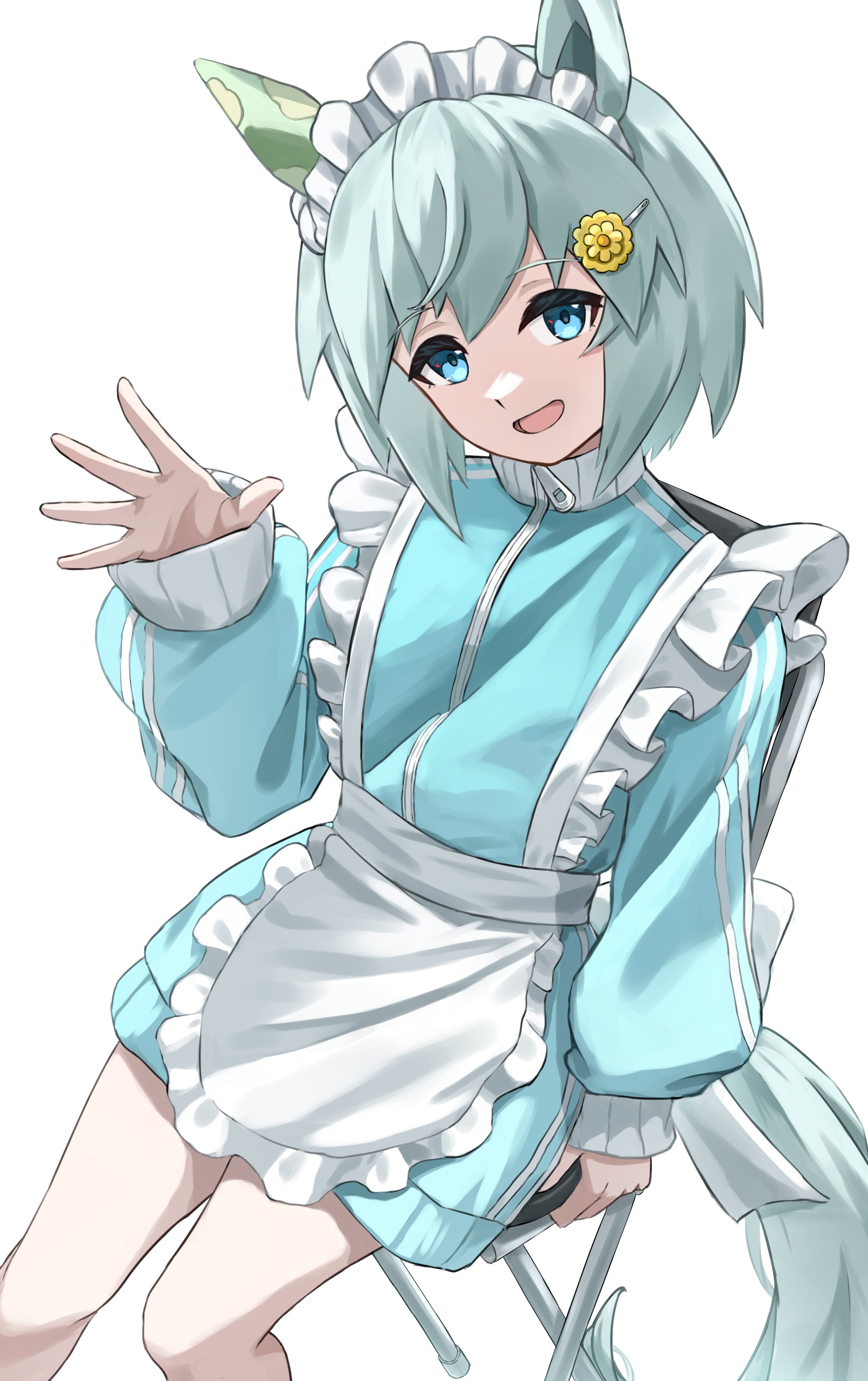 utd (ponzu supai), seiun sky (umamusume), umamusume, absurdres, highres, 1girl, alternate costume, animal ears, apron, blue eyes, blue romper, ear covers, frills, grey hair, hair between eyes, hair ornament, hairclip, holding, horse ears, horse girl, horse tail, looking at viewer, maid, maid apron, maid headdress, open mouth, romper, short hair, simple background, single ear cover, smile, solo, tail, white apron, white background, white headdress