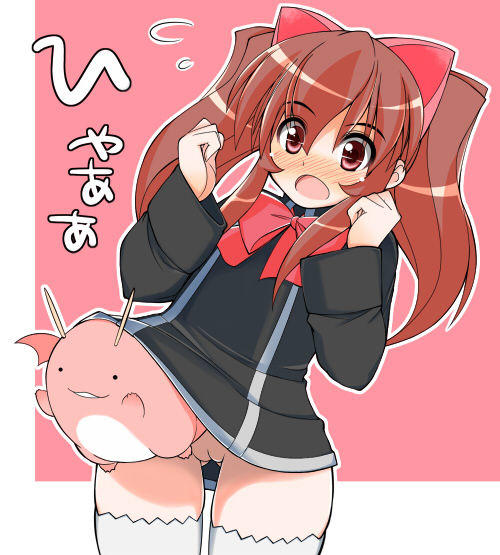 shiden (sashimi no wife), aloe, aloe (quiz magic academy), quiz magic academy, bad id, bad pixiv id, 1girl, :o, assisted exposure, blush, bow, female focus, flying sweatdrops, hair bow, no panties, nose blush, open mouth, pussy, red eyes, red hair, school uniform, serafuku, solo, thighhighs, twintails, upskirt, white thighhighs