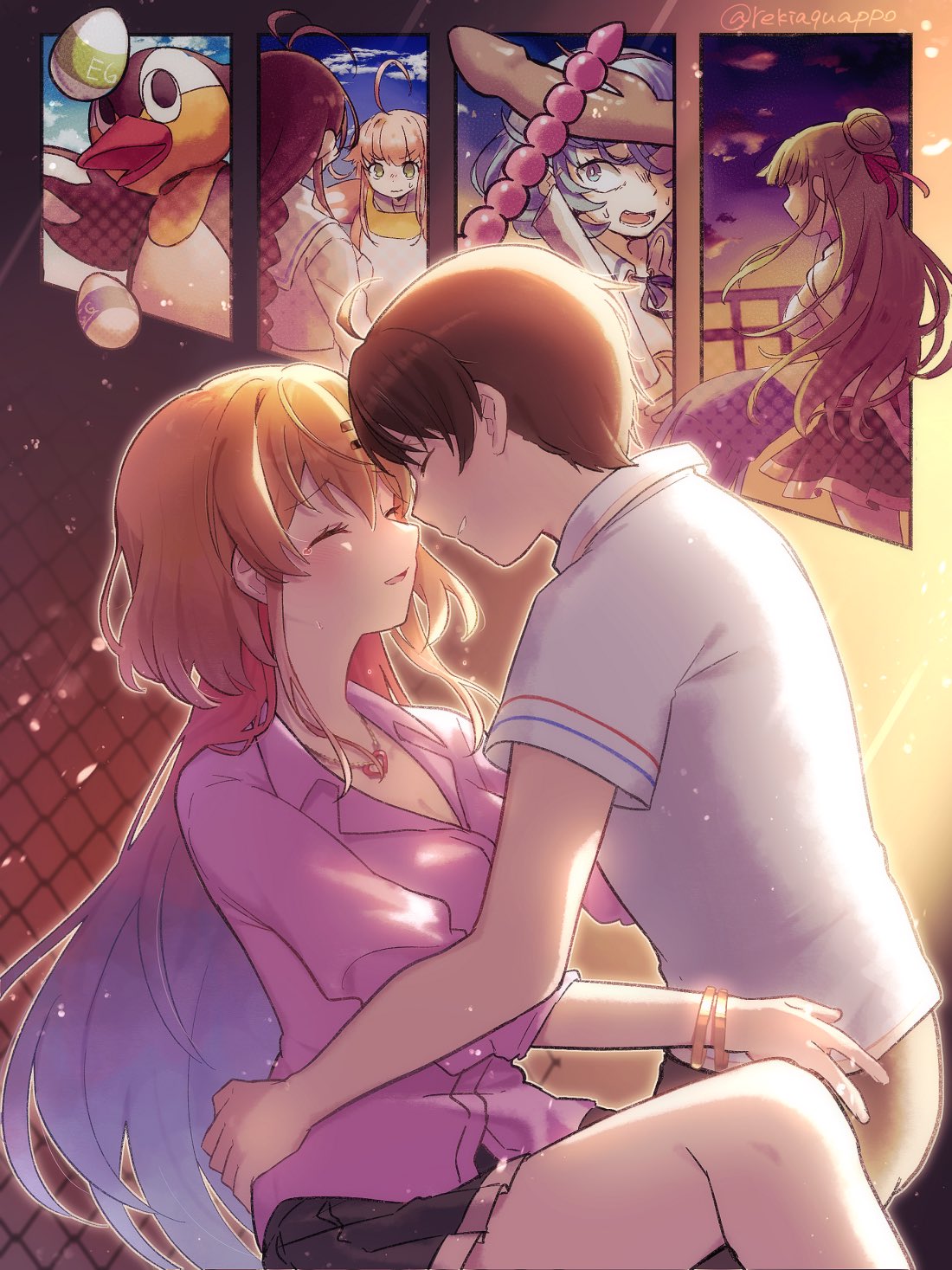 reki (arequa), katagiri nanase, onabuta ikuko, reizeiin touka, tachibana junnosuke, tadasugawa rei, watarai hinami, nukigee mitai na shima ni sunderu watashi wa dou surya ii desu ka?, highres, 1boy, ahoge, bikini, blonde hair, blue eyes, blue hair, blush, braid, breasts, brown hair, cleavage, collared shirt, green hair, hair bun, hair extensions, hair ornament, hair ribbon, hairband, hairclip, hamedori-kun, holding, holding sword, holding weapon, jewelry, katana, large breasts, long hair, long sleeves, mascot, mascot costume, multicolored hair, multiple girls, necklace, open mouth, pink hair, pink shirt, pleated skirt, ribbon, sex toy, shirt, short hair, short sleeves, single hair bun, skirt, smile, standing, swimsuit, sword, vibrator, weapon, white bikini, white shirt, yellow eyes