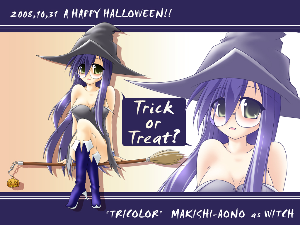 kuryuu tatsuki, aono makishi, torikoro, 00s, 1girl, 2008, boots, breasts, broom, character name, cleavage, copyright name, dated, female focus, glasses, green eyes, halloween, happy halloween, hat, knee boots, long hair, pumpkin, purple hair, small breasts, solo, trick or treat, very long hair, witch, witch hat