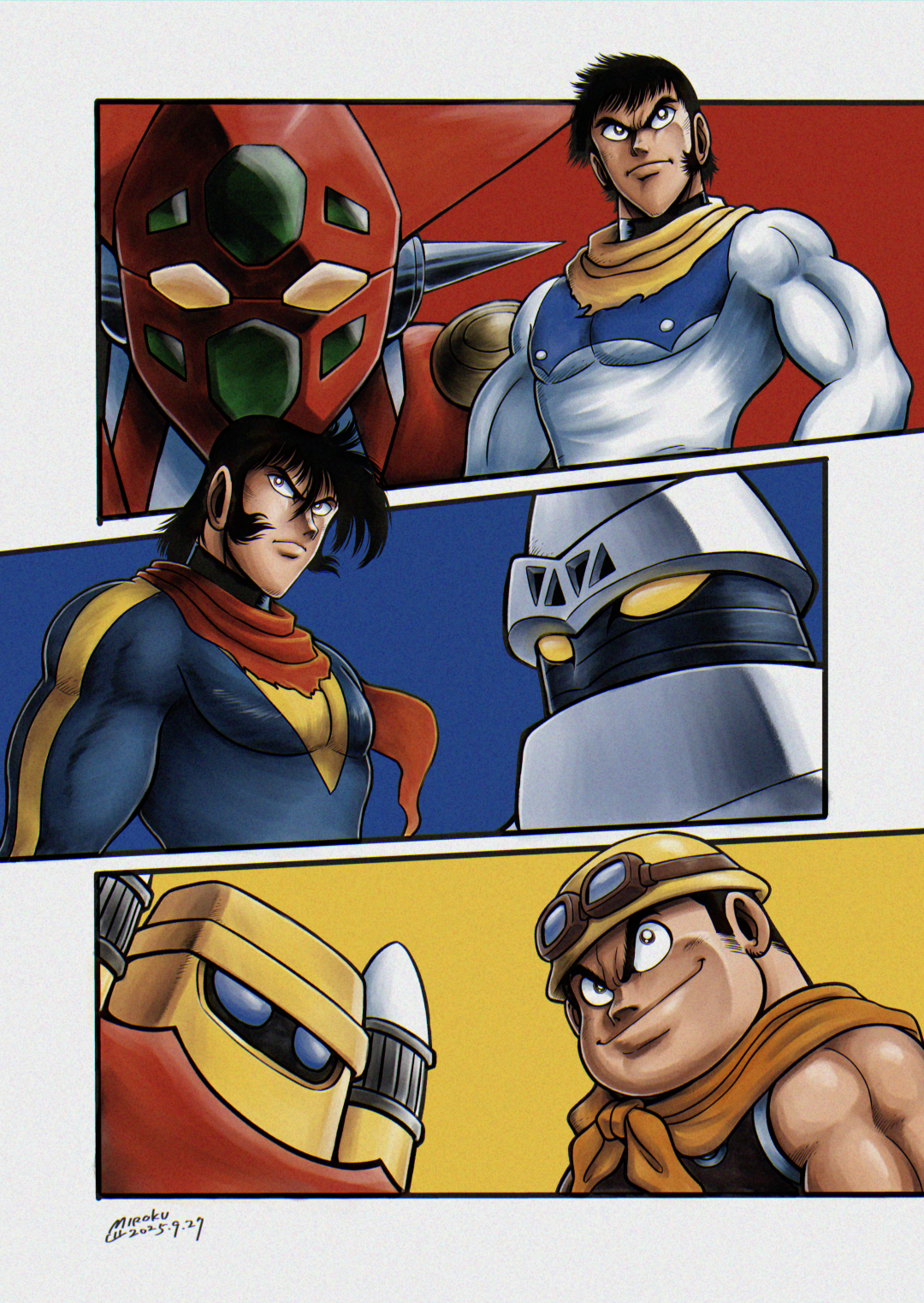miroku (miroku t), getter-1, getter-2, getter-3, jin hayato, musashi tomoe, nagare ryoma, getter robo, getter robo (classic), commentary, highres, 1970s (style), 3boys, artist name, black eyes, black hair, blue bodysuit, blue eyes, bodysuit, closed mouth, dated, goggles, goggles on headwear, hair between eyes, hard hat, helmet, ishikawa ken (style), looking up, male focus, mecha, mecha pilot suit, multiple boys, muscular, muscular male, oldschool, red scarf, retro artstyle, robot, scarf, science fiction, short hair, sideburns, skin tight, smile, super robot, v-shaped eyebrows, white bodysuit, yellow eyes, yellow helmet, yellow scarf