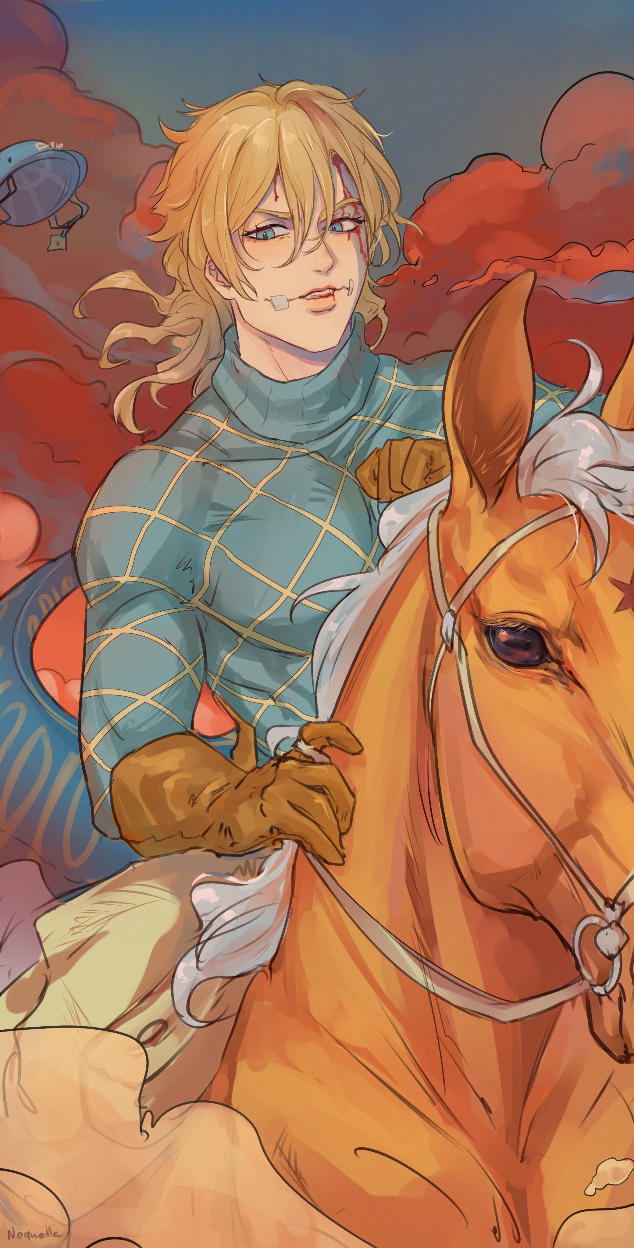 scary monsters (stand), silver bullet (jojo), jojo no kimyou na bouken, steel ball run, absurdres, commentary, english commentary, highres, 1boy, argyle clothes, argyle sweater, bandaid, bandaid on face, bishounen, blonde hair, blue eyes, blue helmet, blue sky, blue sweater, brown gloves, cloud, cloudy sky, gloves, hair between eyes, helmet, holding, holding reins, horseback riding, jodhpurs, looking at viewer, male focus, medium hair, no headwear, noquelle art, pants, red clouds, reins, riding, sky, stand (jojo), sweater