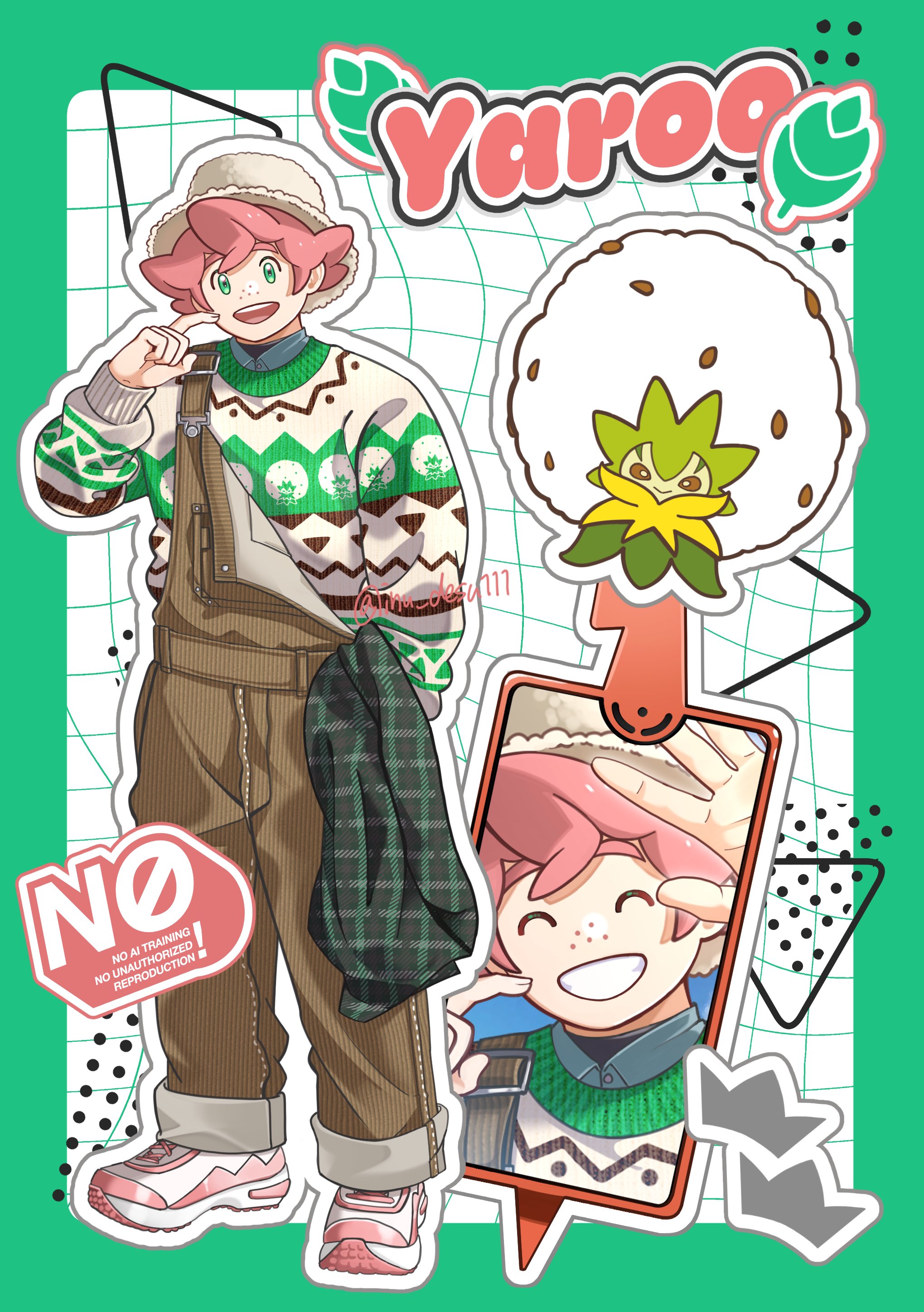shiba (tonari no shiba inu), eldegoss, milo (pokemon), nintendo, pokemon, pokemon swsh, absurdres, commentary, highres, 1boy, :d, alternate costume, brown overalls, character name, freckles, gen 8 pokemon, green eyes, hand up, happy, hat, holding, long sleeves, looking at viewer, male focus, open mouth, outline, overalls, phone, pink hair, pokemon (creature), print sweater, shoes, short hair, smile, standing, sweater, teeth, tongue, upper teeth only, watermark
